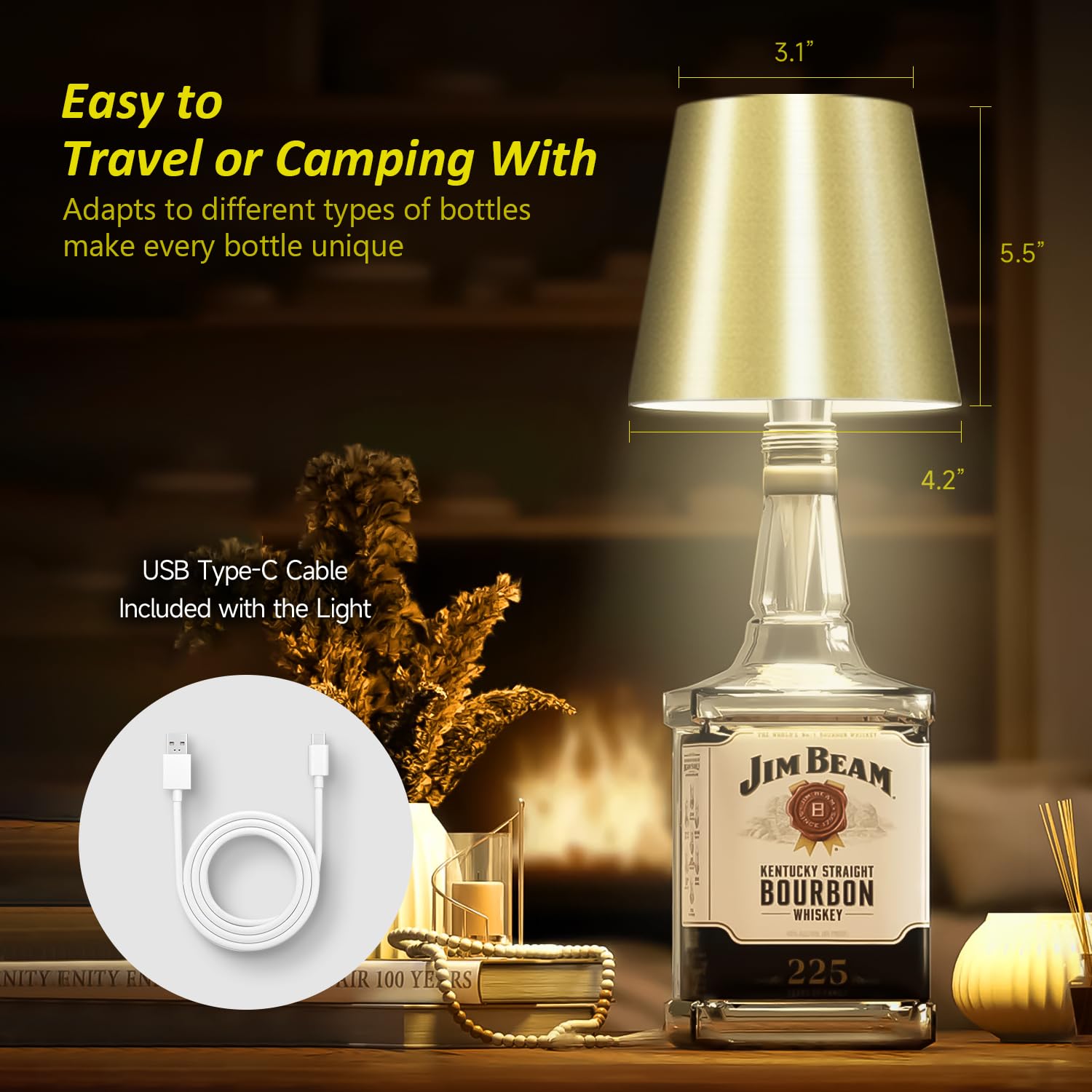 Hoide Wireless Bottle Lamp - LED Touch-Dimmable Night Light Kit, 5.7in, Mat Gold