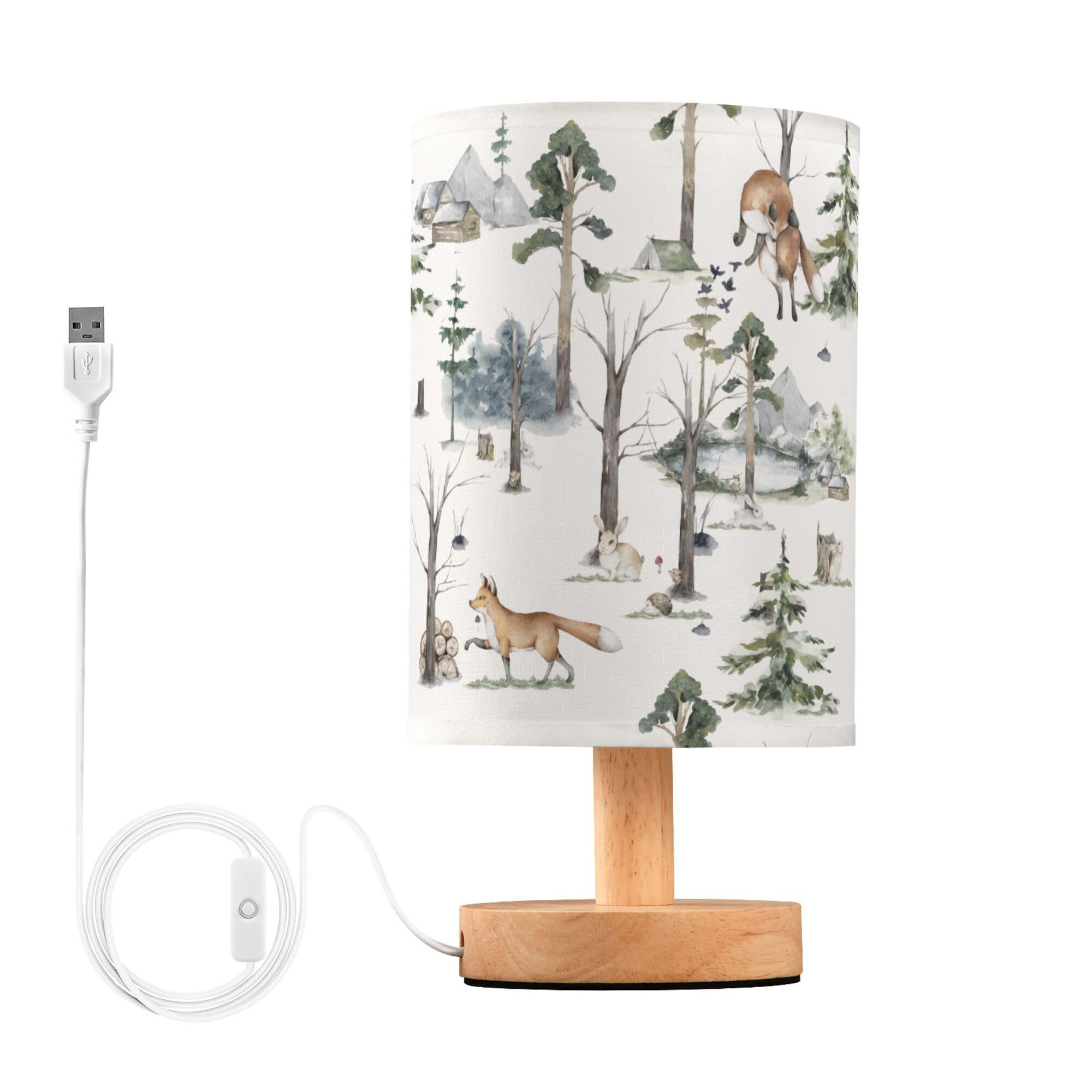 YYZZH Table Lamp Watercolor Woodland Animal Pattern Fox Rabbit Hedgehog Bird Nightstand Lamp with Wood Base Fabric Lamp Shade Be