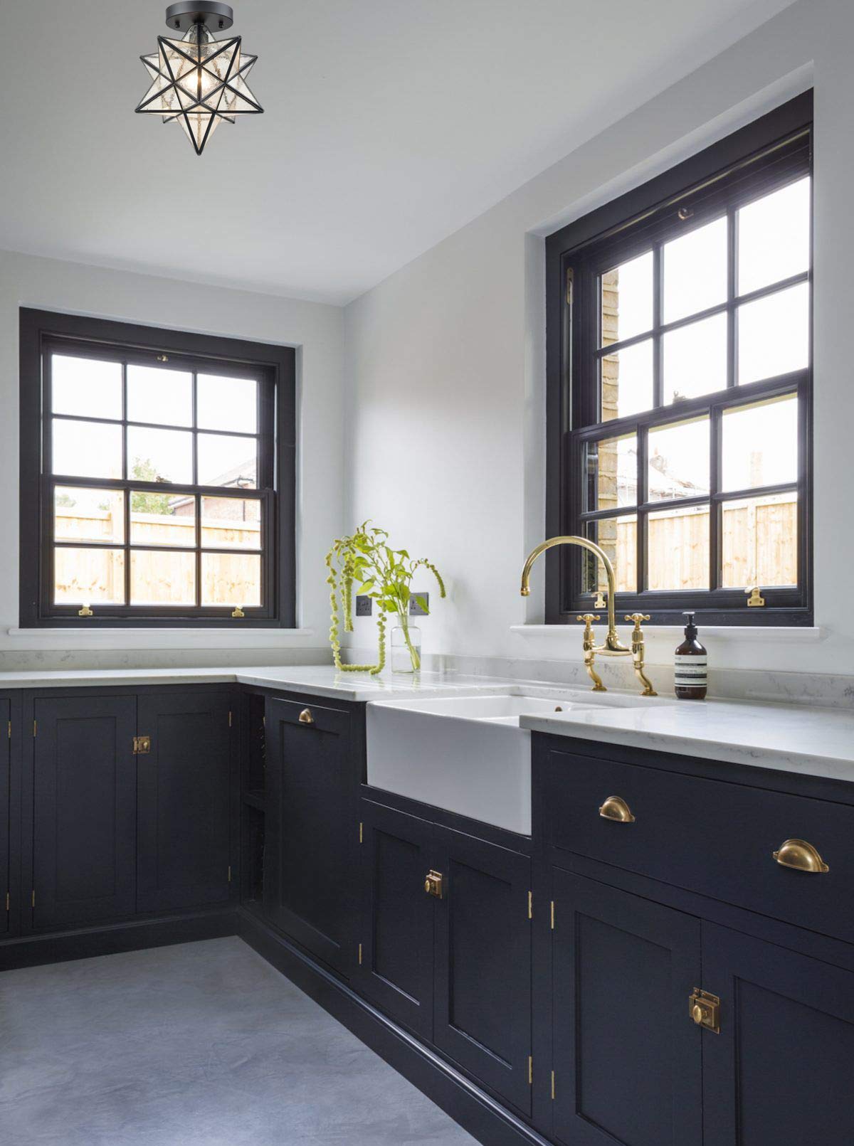 AXILAND Moravian Star Flush Mount Ceiling Light Seeded Glass 12in Black for Living Room Bedroom Bathroom Hallway