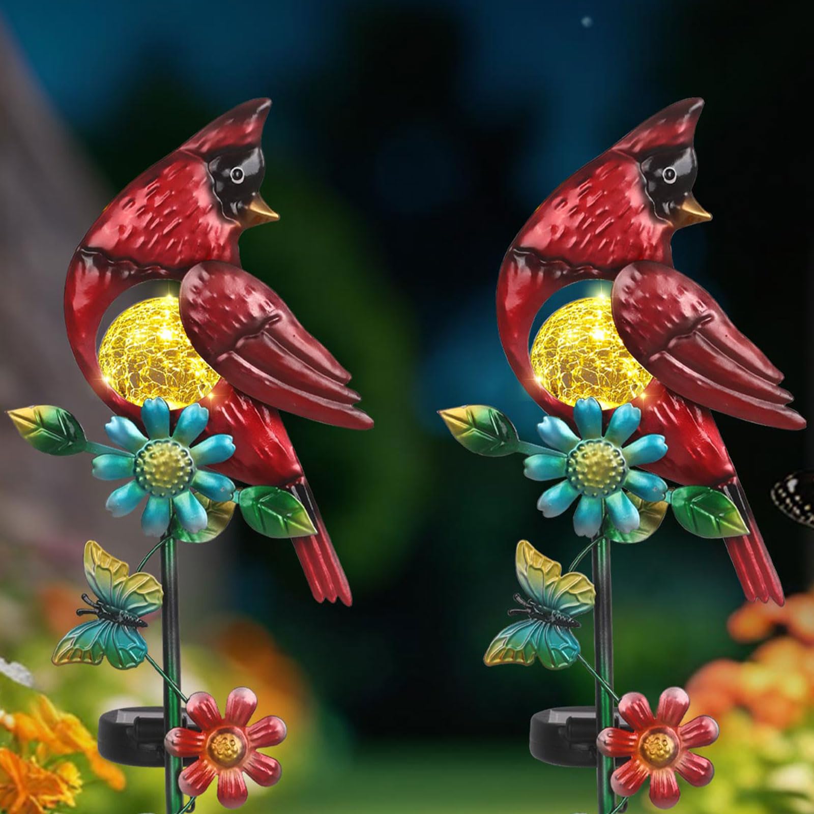 Caridnal Decor Solar Garden Stakes Outdoor Decorative Waterproof 2 Pack Metal Garden Sculpture Cardinal Solar Lights for Outside