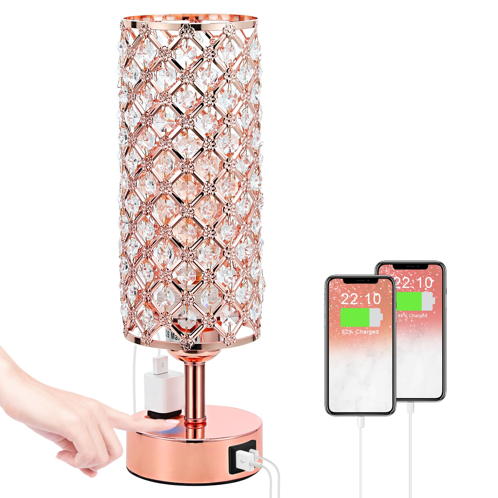 Hong-in Crystal Table Lamp, Rose Gold Bedroom Lamp with USB C+A Ports & AC Outlet, 3 Way Dimmable Light with Crystal Lampshade, 