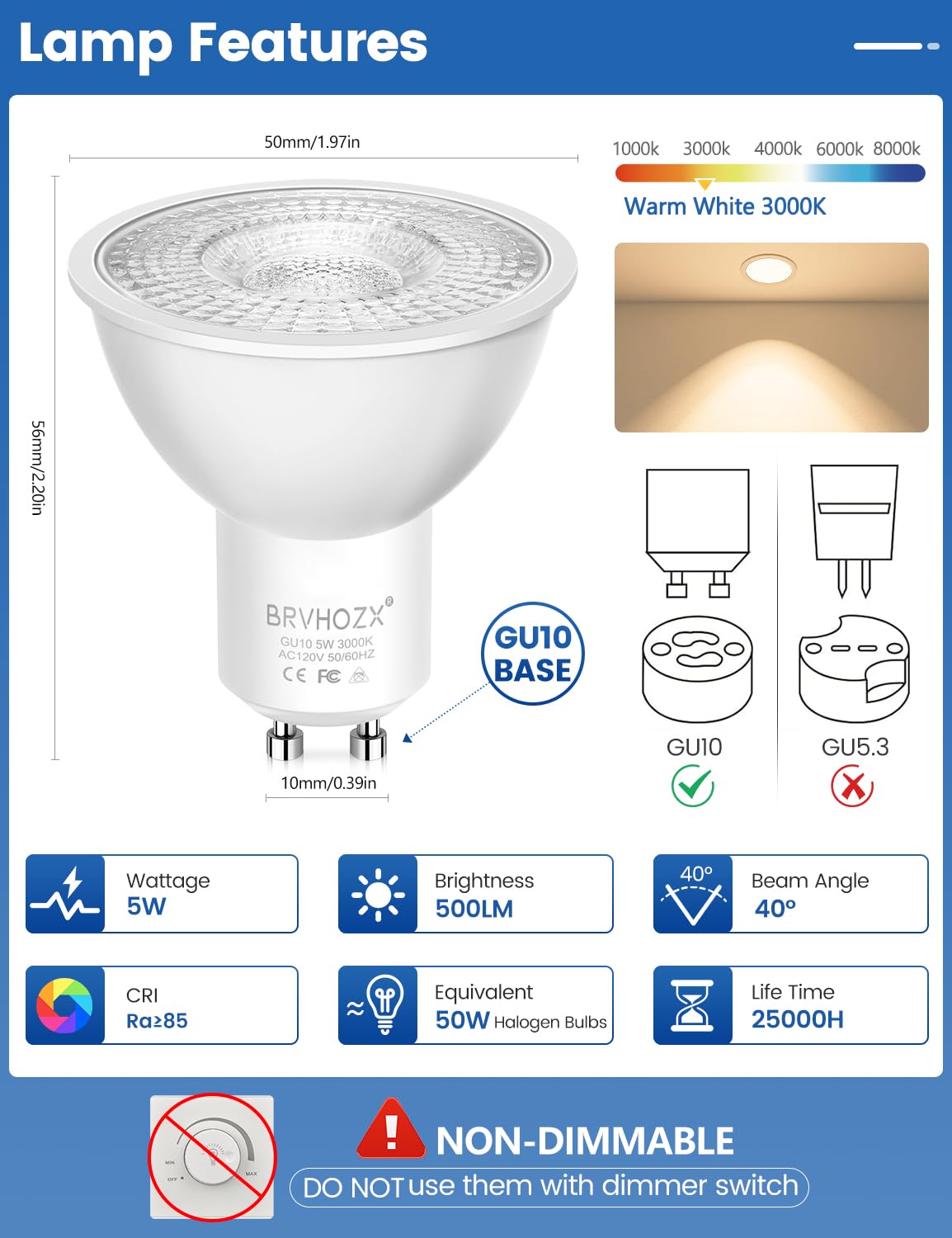 Brvhozx Gu10 Led Bulbs, 3000K Warm White, 5W, 500Lm Spotlight Bulb, Equivalent To 50W Halogen, No Flicker, Non-Dimmable, 40 Beam