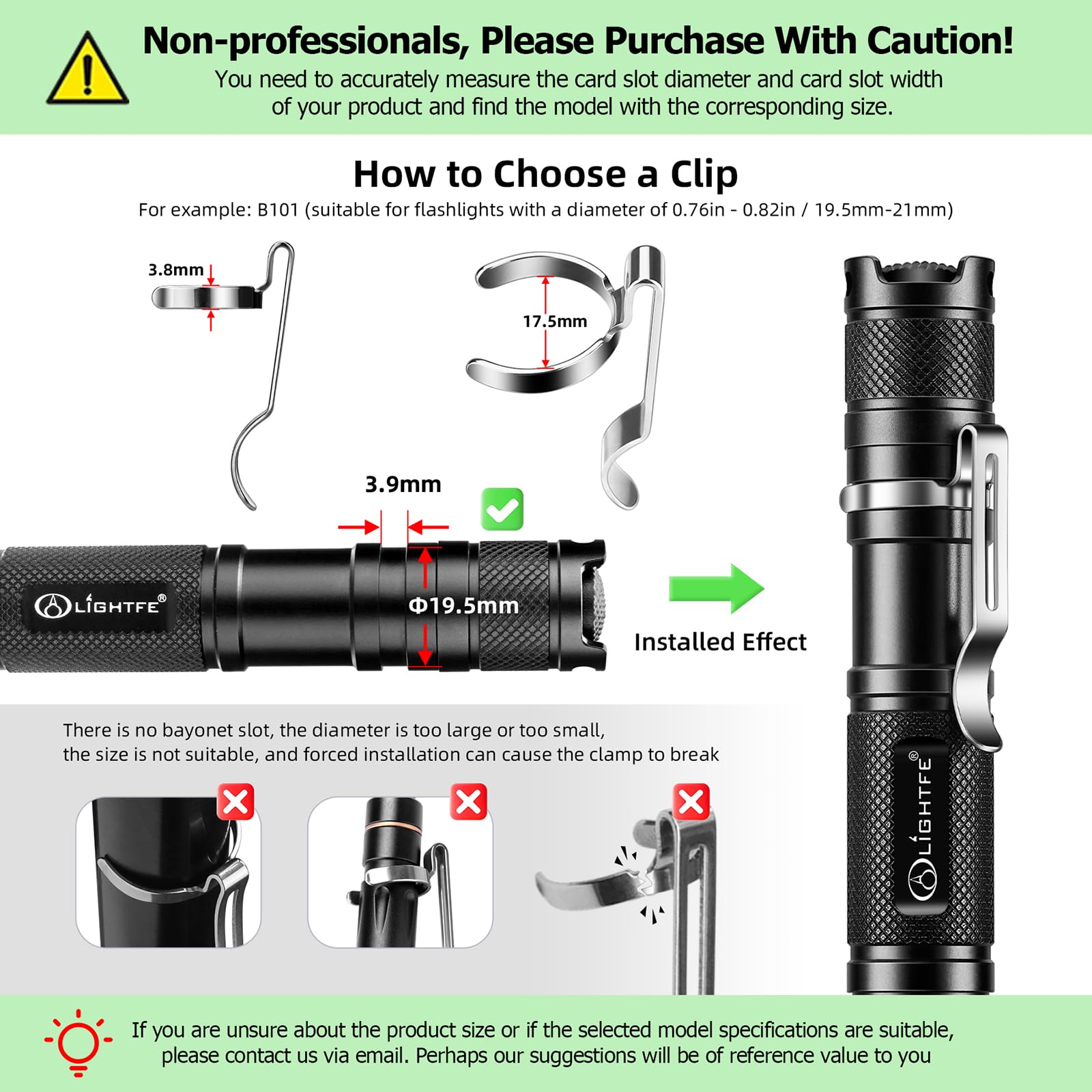 Lightfe B127 Flashlight Clip, Stainless Steel, Adjustable, Led, Suitable For Flashlights 23-26Mm & Slot Width 4-4.4Mm