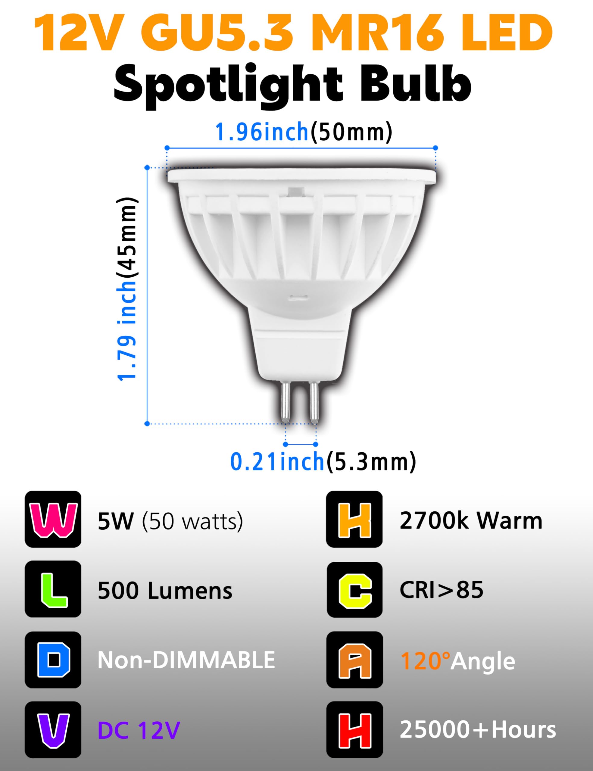 Mr16 Led Bulbs Non-Dimmable 50W Halogen Equivalent, 2700K Warm White, 12V Gu5.3 Led Spotlight Bulb, 120 Degree Flood Beam Angle