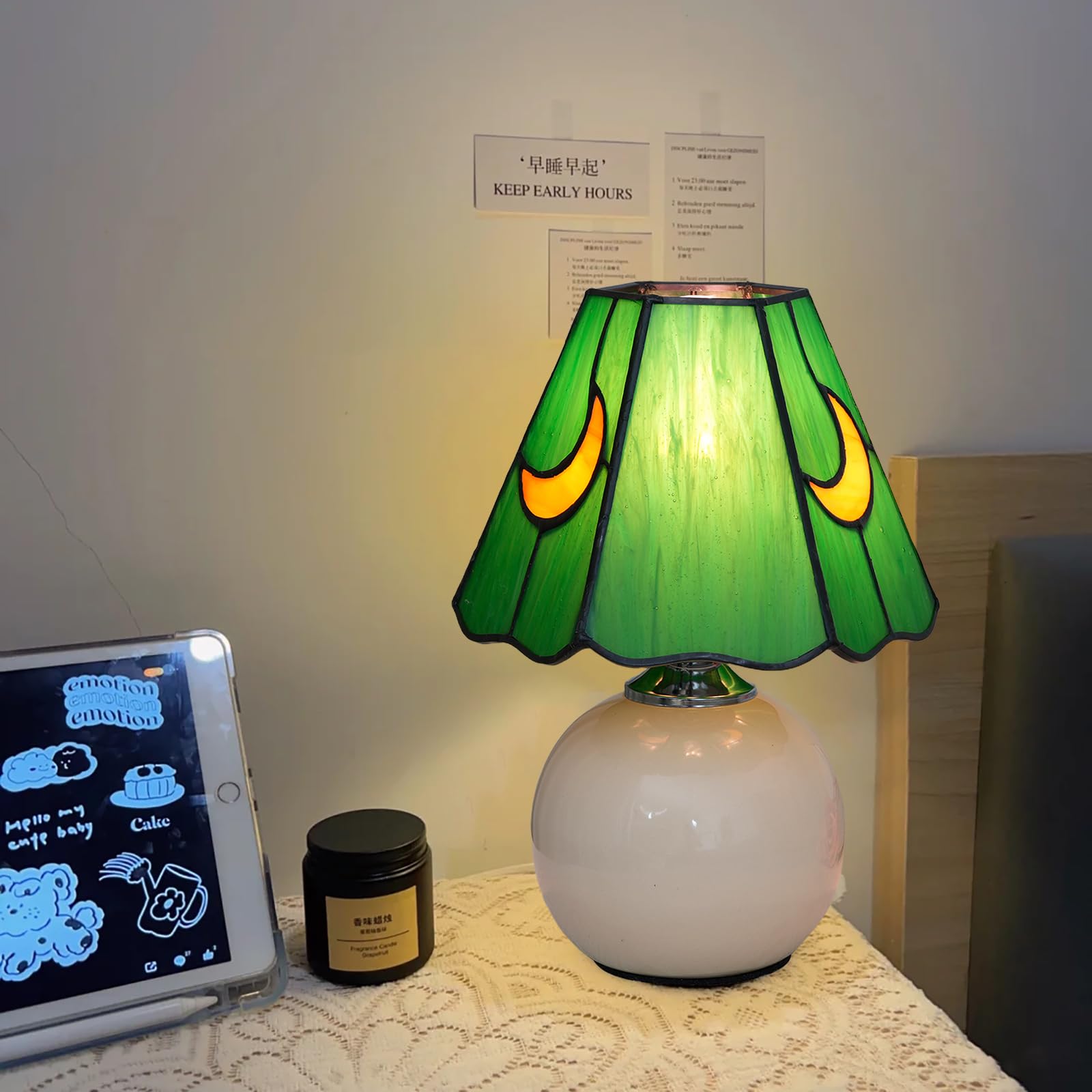 KIPHEPI Tiffany Stained Glass Mushroom Lamp, Small Bedside Table Light, Green, Model OFU1205