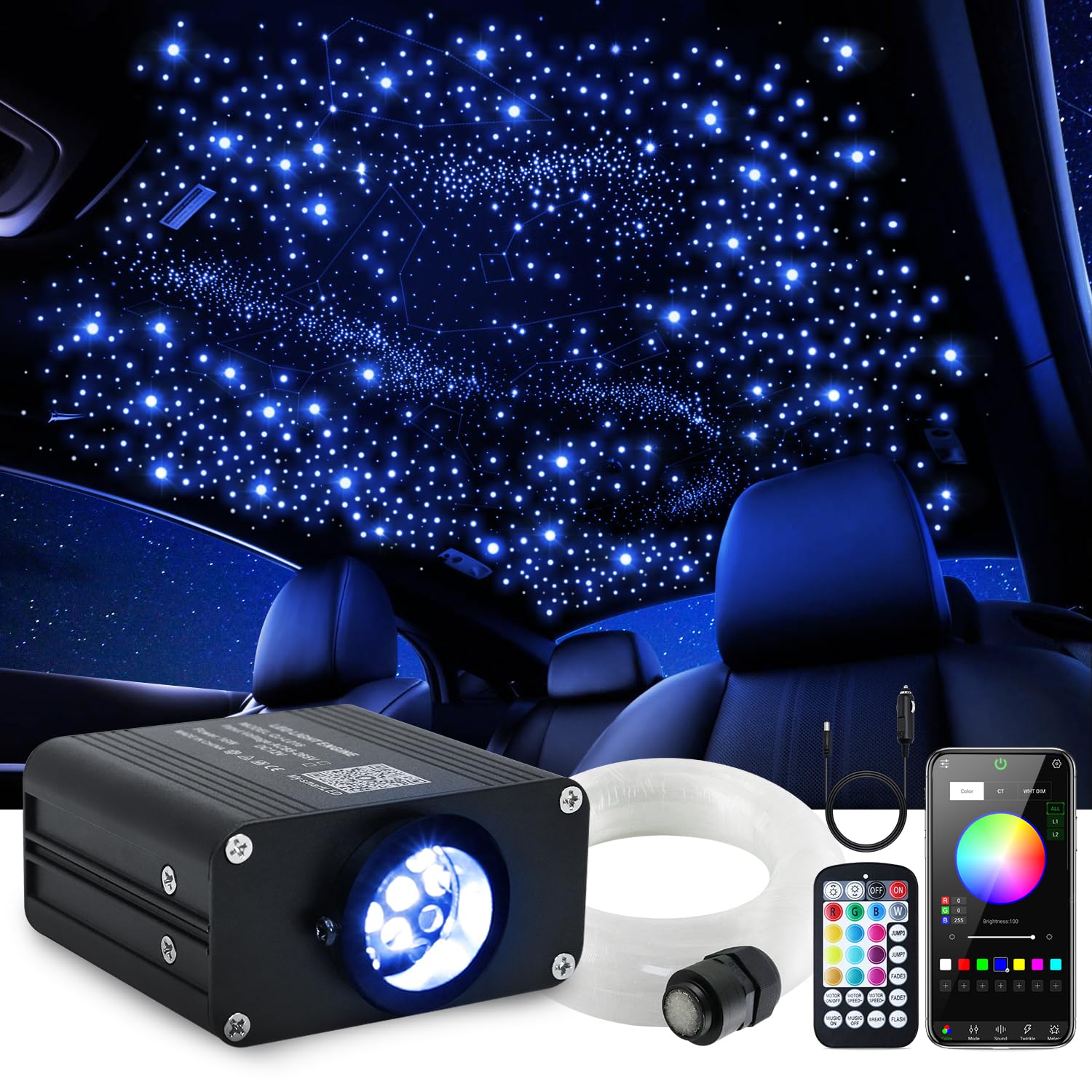 Car Starlight Headliner Kit, Twinkle & Sound Activate RGBW 16W Fiber Optic Lights with Bluetooth APP & Remote Control, 450 pcs*0