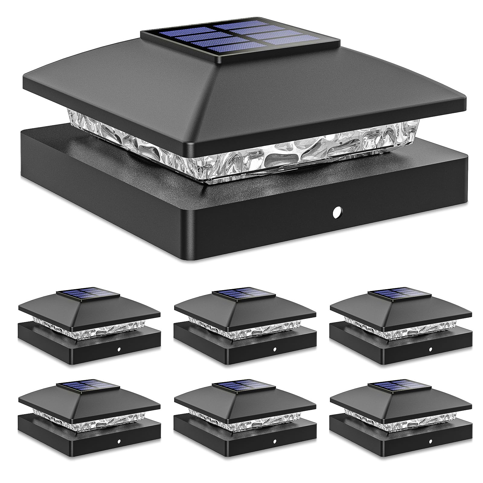Solar Post Cap Lights Outdoor 6pack, Black Waterproof Solar Powered Deck Fence Post Lights Fit 4x4 Wood/Vinyl Posts, Bright Warm