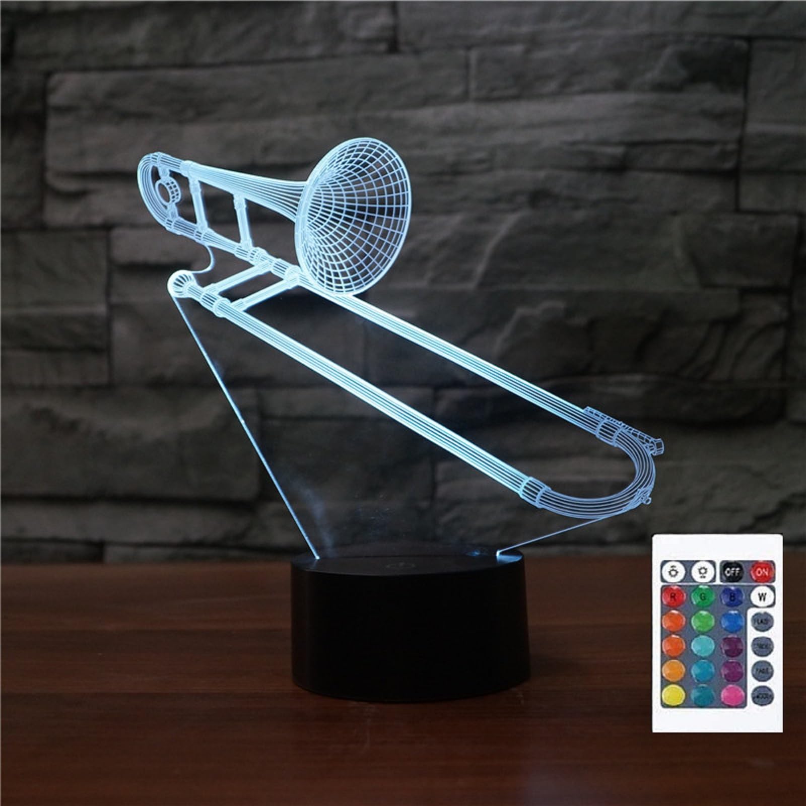 FLRXHK Trombone 3D Illusion Night Light Touch Table Desk Lamp with Remote Control 16 Colors Optical USB LED Night Light for Kids