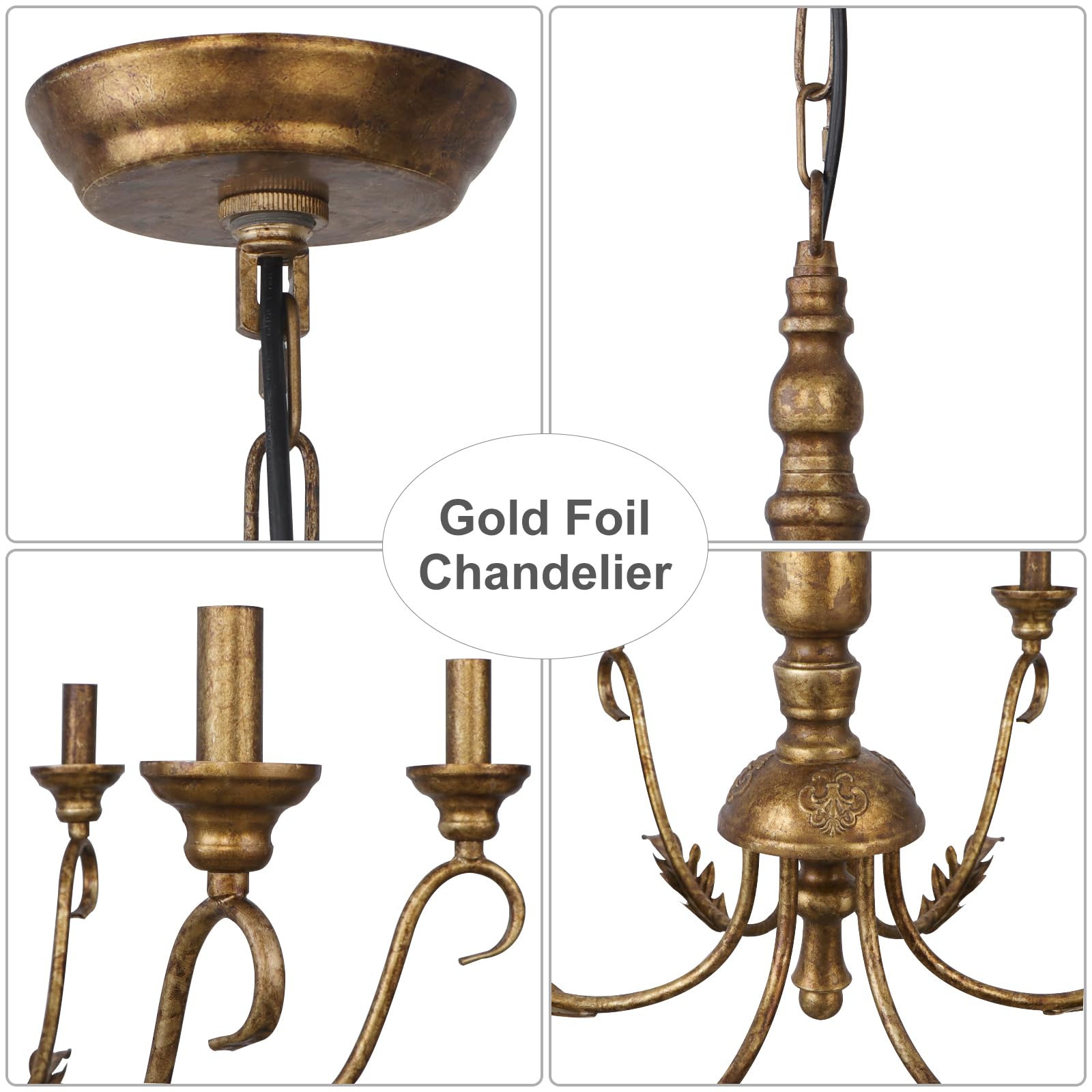 Kmaipem 6-Light Farmhouse Chandelier, 23.62'' Vintage Gold Chandeliers For Dining Room, Adjustable Rustic Metal Hanging Pendant