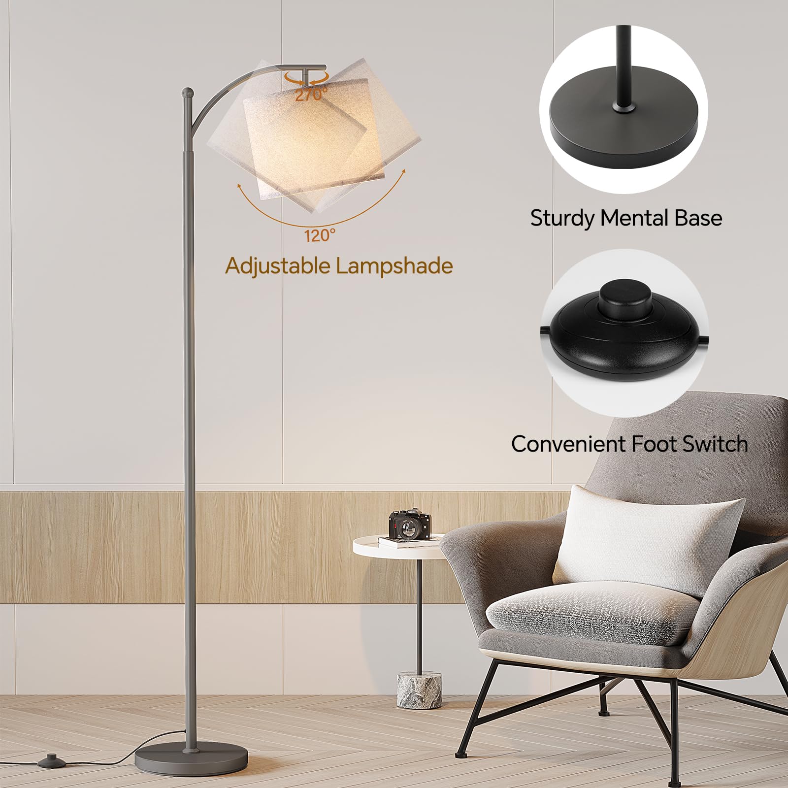 Sunmory Arc Floor Lamp,Modern Floor Lamp With 9W 3 Color Temperatures Bulb,Metal Standing Lamps With Adjustable Hanging Lampshad