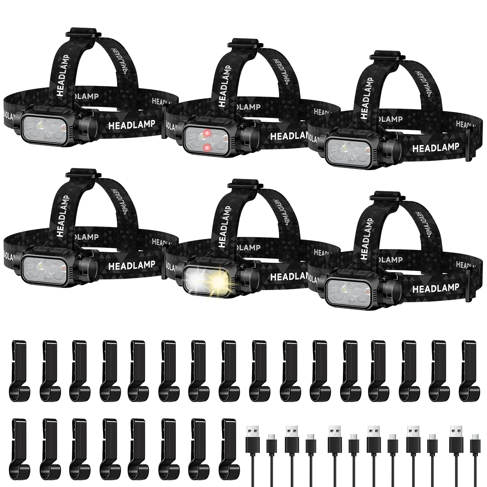 ATDOALL Rechargeable LED Headlamp, 6 Pack, High Lumen, Waterproof, Adjustable, Black, Motion Sensor, 5 Modes