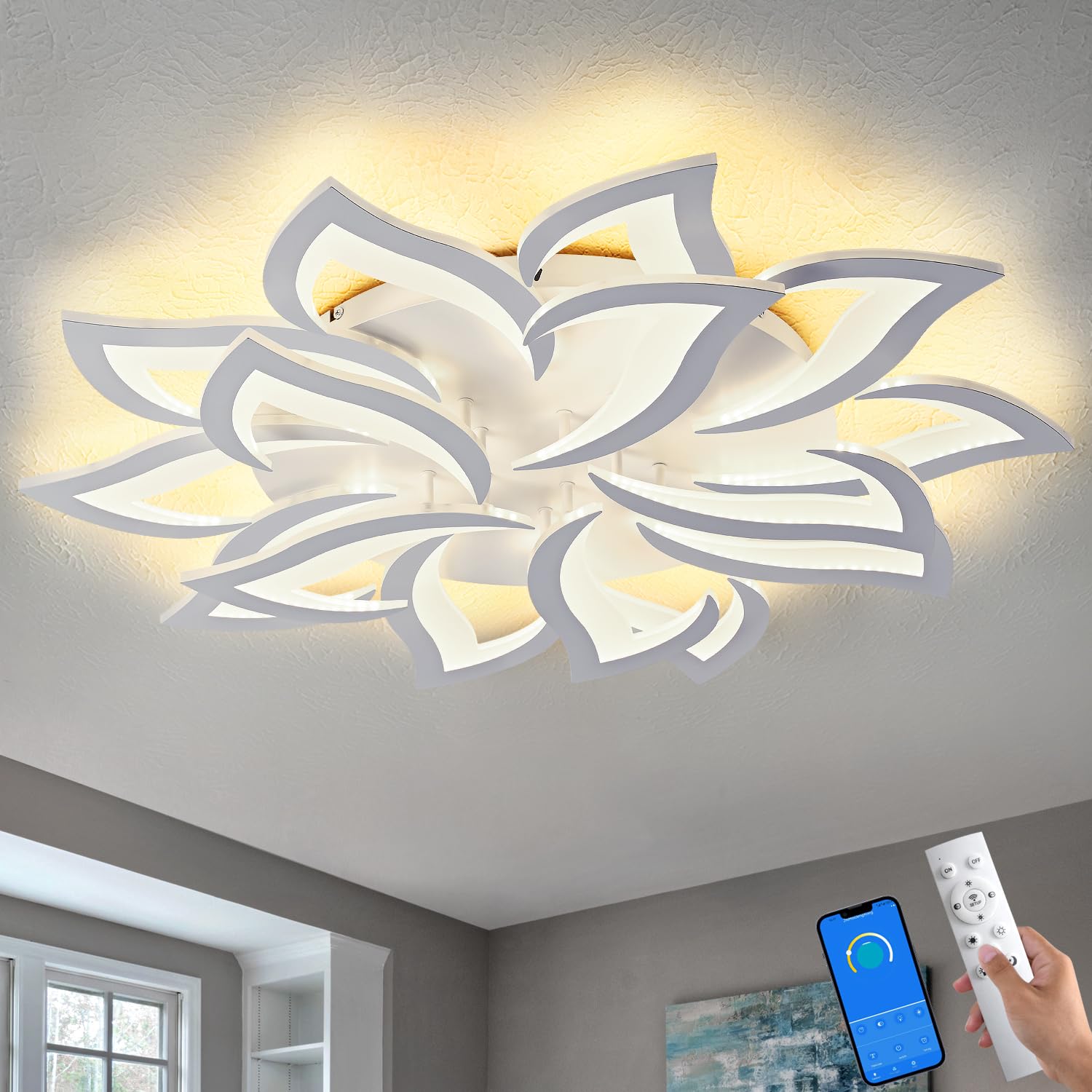 HuixuTe 36 White Modern Geometric Dimmable Ceiling Light Fixture, 15 Leaves Low Profile Flush Mount Ceiling Light for Kitchen, B