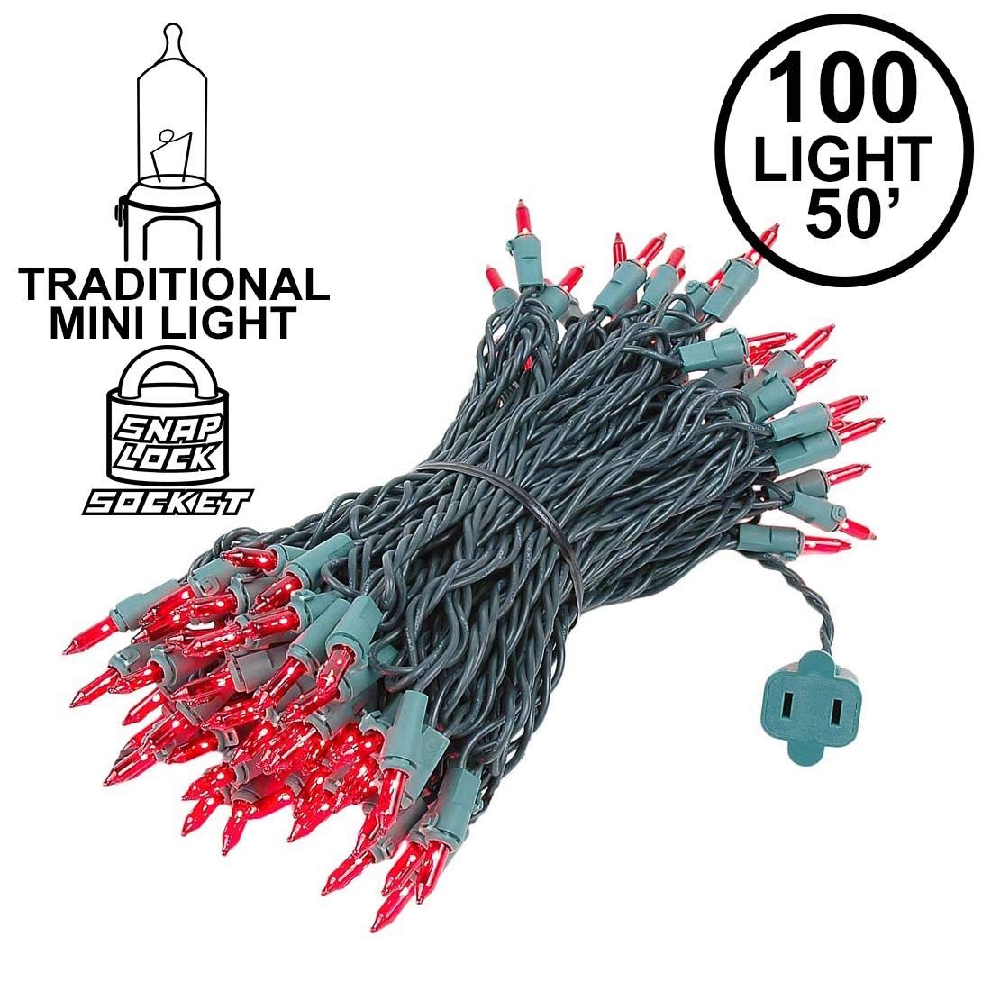 Novelty Lights 100 Light Red Christmas Mini String Light Set, Green Wire, Indoor/Outdoor Ul Listed, 50' Long