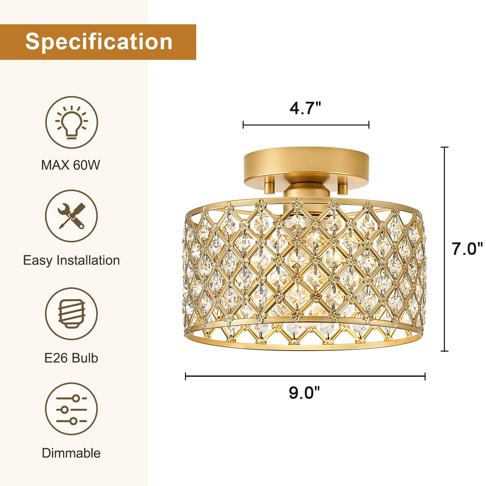 BZVESR Gold Crystal Ceiling Light Fixture, Modern 9" Semi Flush Mount Chandelier for Hallway, Kitchen, Bedroom - Model 20251229002