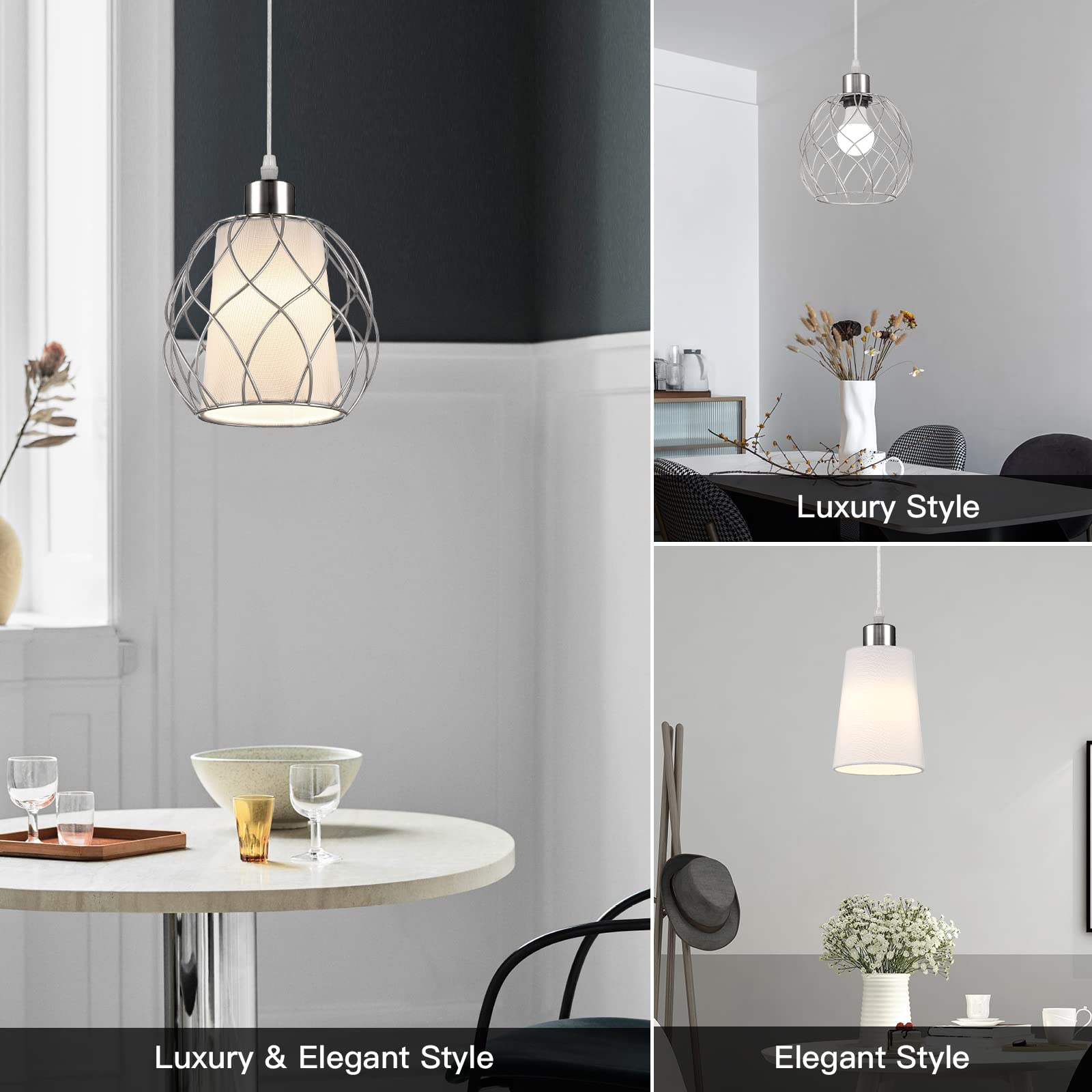 Ruzectt Plug In Pendant Light,Hanging Light With Plug In Cord,Silver Hanging Lamp With Dimmable Switch,15 Ft Clear Cord,Hanging Light Fixture For Kitchen Island Living Room Bedroom (Bulb Included)
