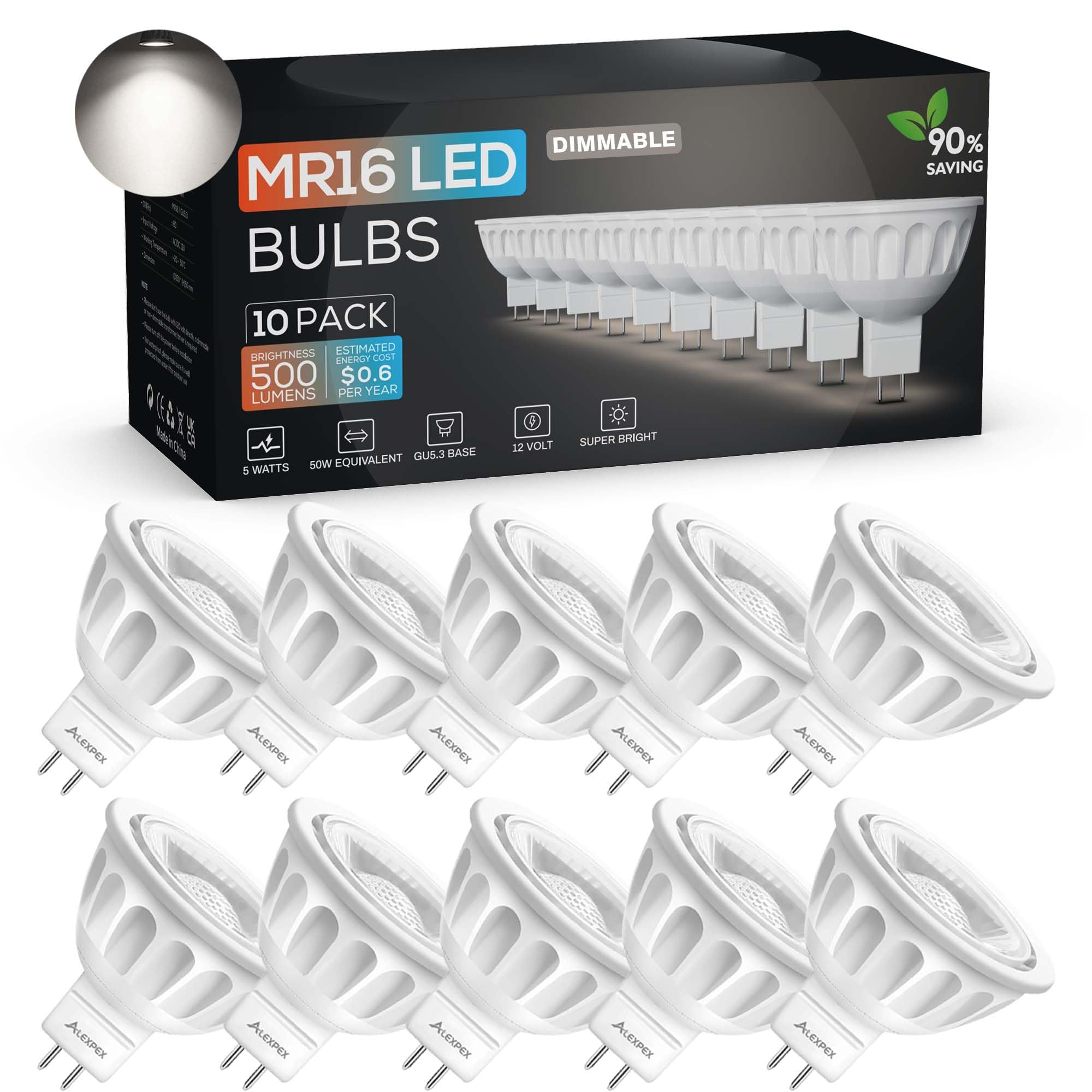 Alexpex Dimmable Mr16 Led Bulbs 10 Pack,5W 5000K Daylight 500Lm (50W Equivalent) Ac/Dc 12V Gu5.3 Bi-Pin Base 40 Beam Angle For I