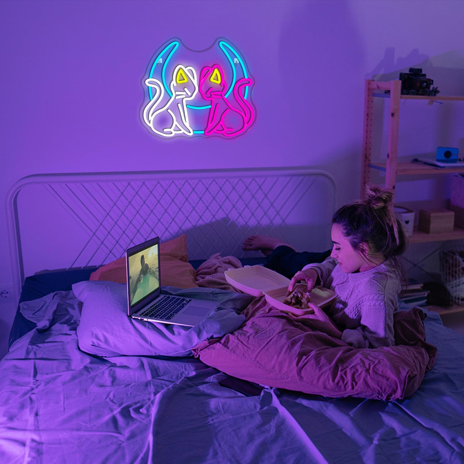 WLHOPE Cat & Moon Neon Sign, Dimmable LED Wall Decor, USB Powered, 7.3in x 16.5in, Acrylic, Moon Cat