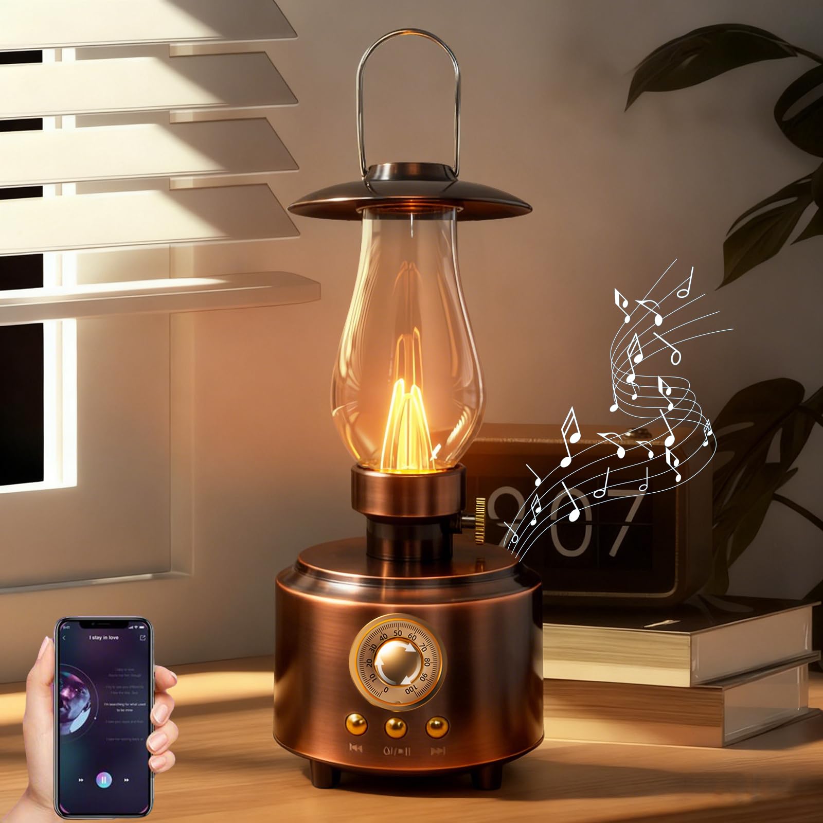 AVEKI Vintage Kerosene Table Lamp with Bluetooth Speaker  Infinitely Dimmable Rechargeable LED Lights for Bedroom  Waterproof Bedside Lamps for Camping Party Home Decor Gift (Vintage Copper)
