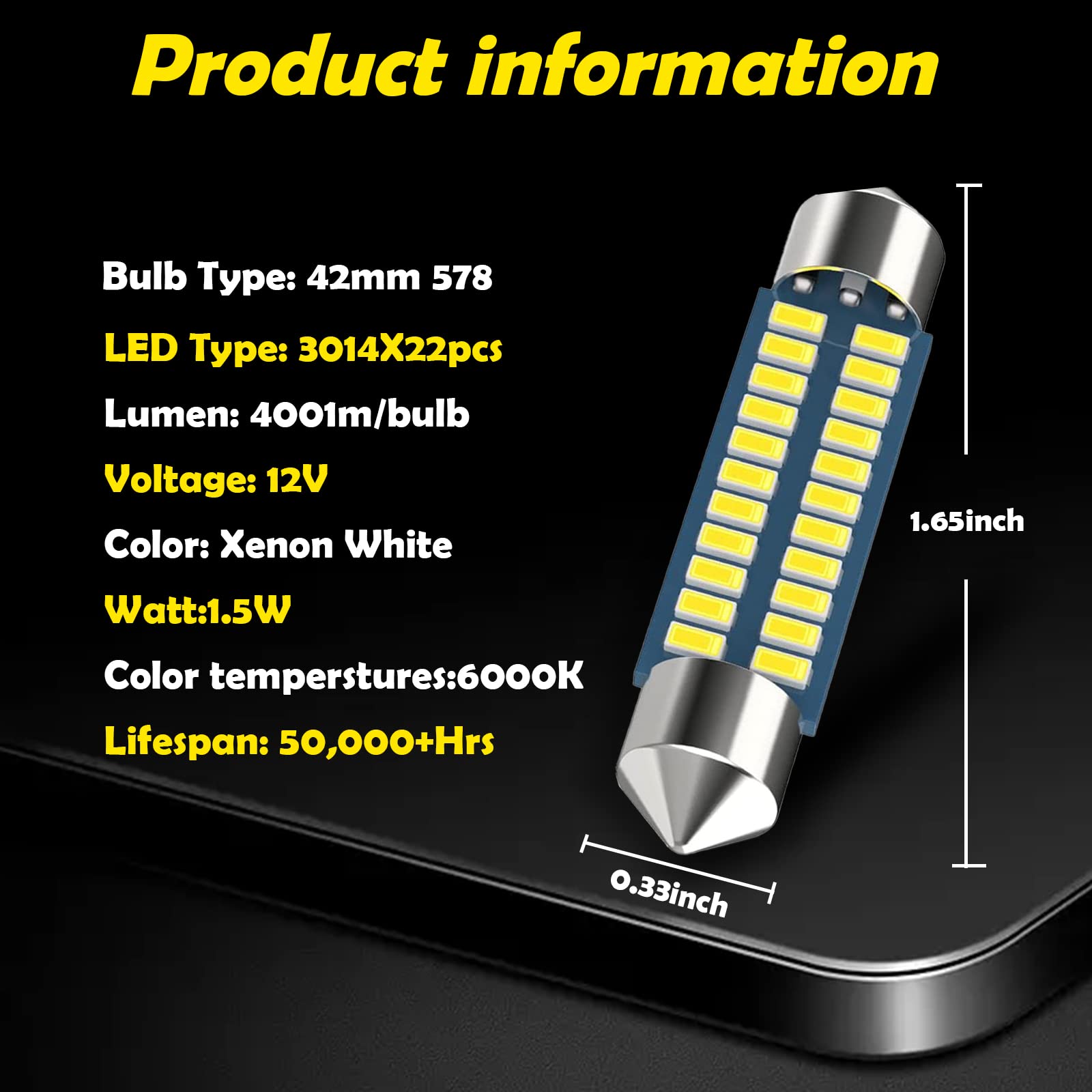 Yonput Auto 578 Led Car Bulb 211-2 Led Festoon Bulb 41Mm 42Mm 1.65In 212-2 Led Car Bulb For Car Map Light Dome Light, 3014 Chips 6000K White Super Bright Interior Led Car Bulb (4 Pcs)