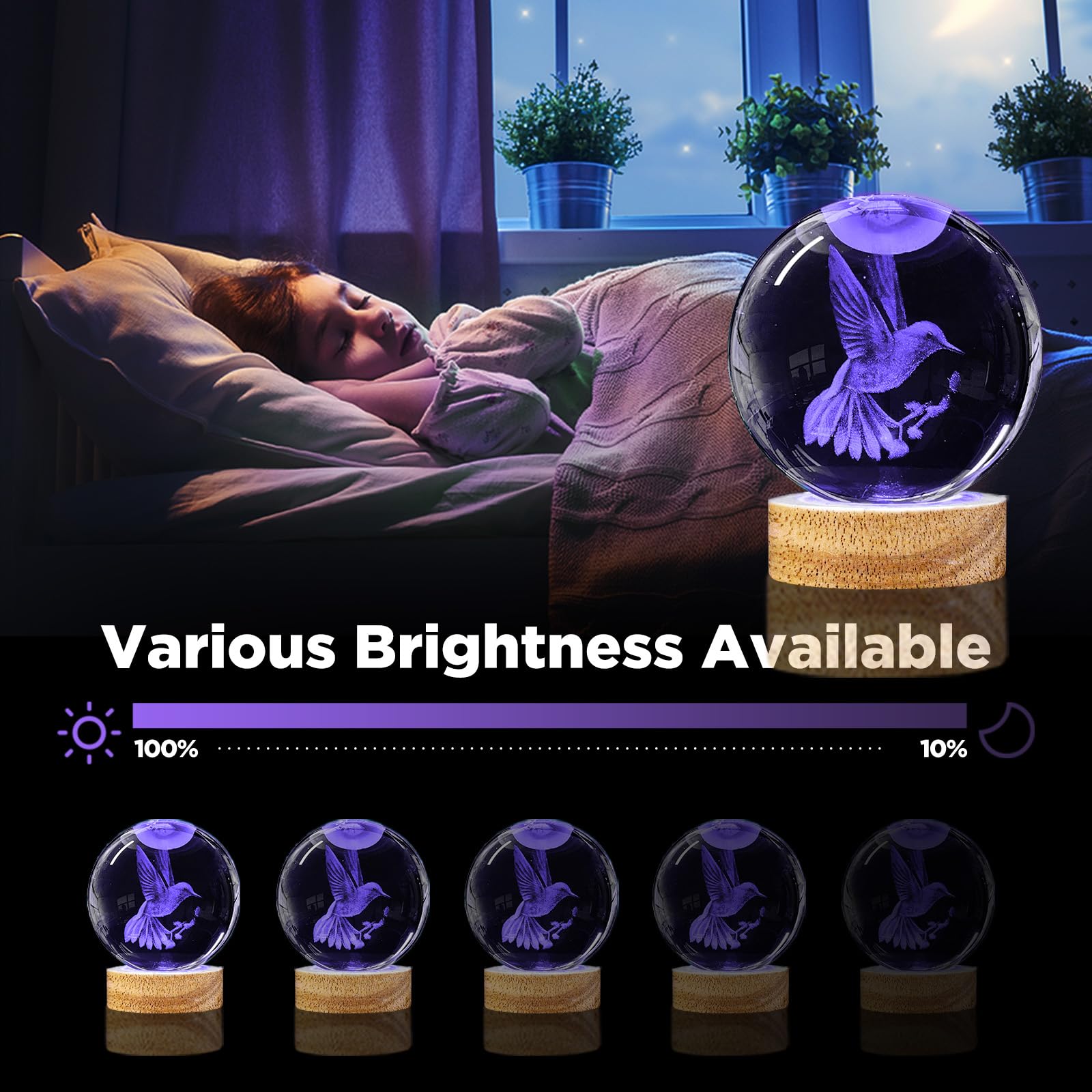 DCORIUNTG 3D Hummingbird Crystal Ball Night Light - 3.15" Glass Lamp with 16 Color LED Base, Cute Hummingbird Decor for Home & Gifts
