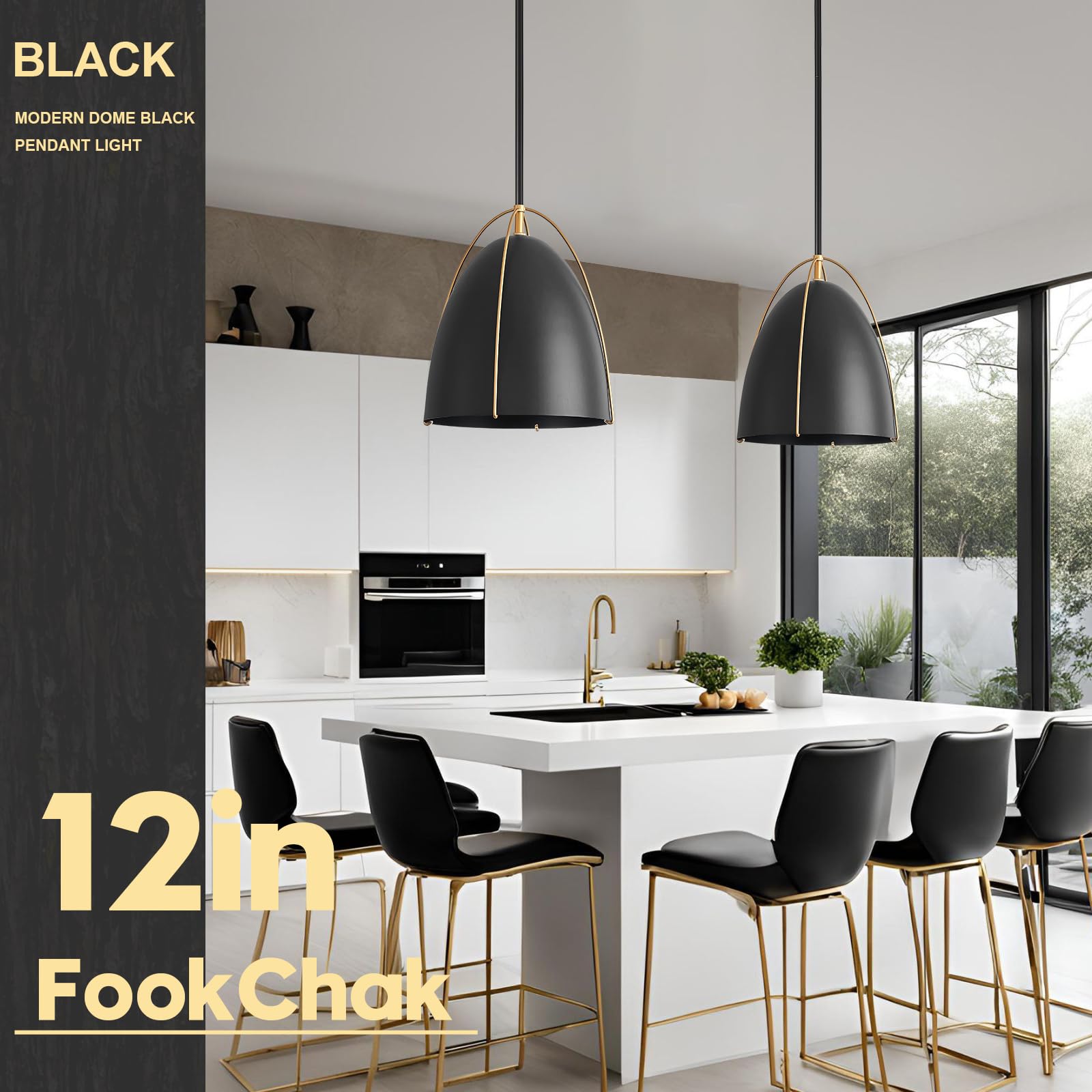 Fookchak Black Dome Pendant Light 3-Light Large Pendant Light Fixture 12In Black Gold Pendant Lighting For Kitchen Island Dining