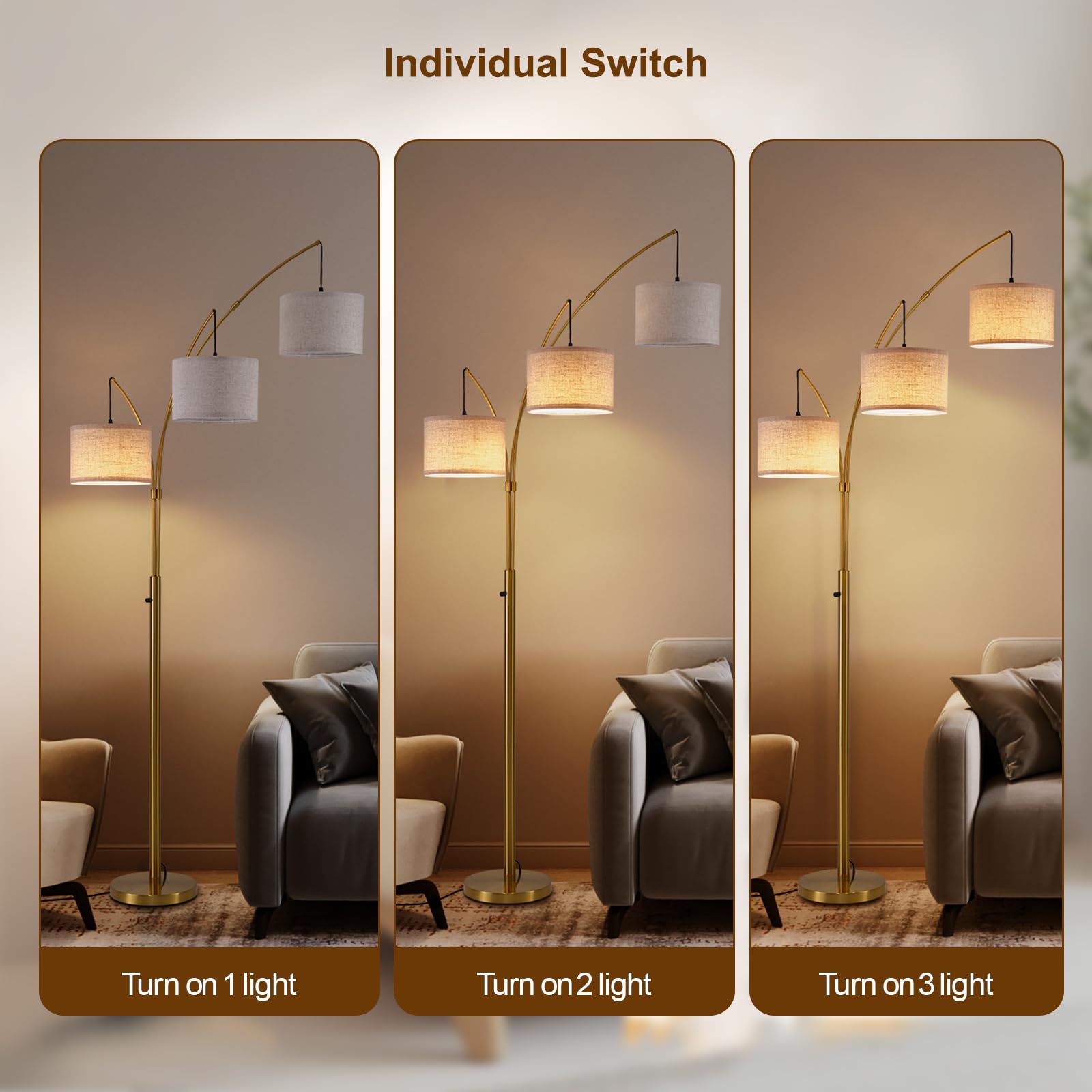 Fansdrick Gold Floor Lamps for Living Room, Super Bright Arc Floor Lamp with Remote Control, 3 Light Tall Floor Lamps with Stepl