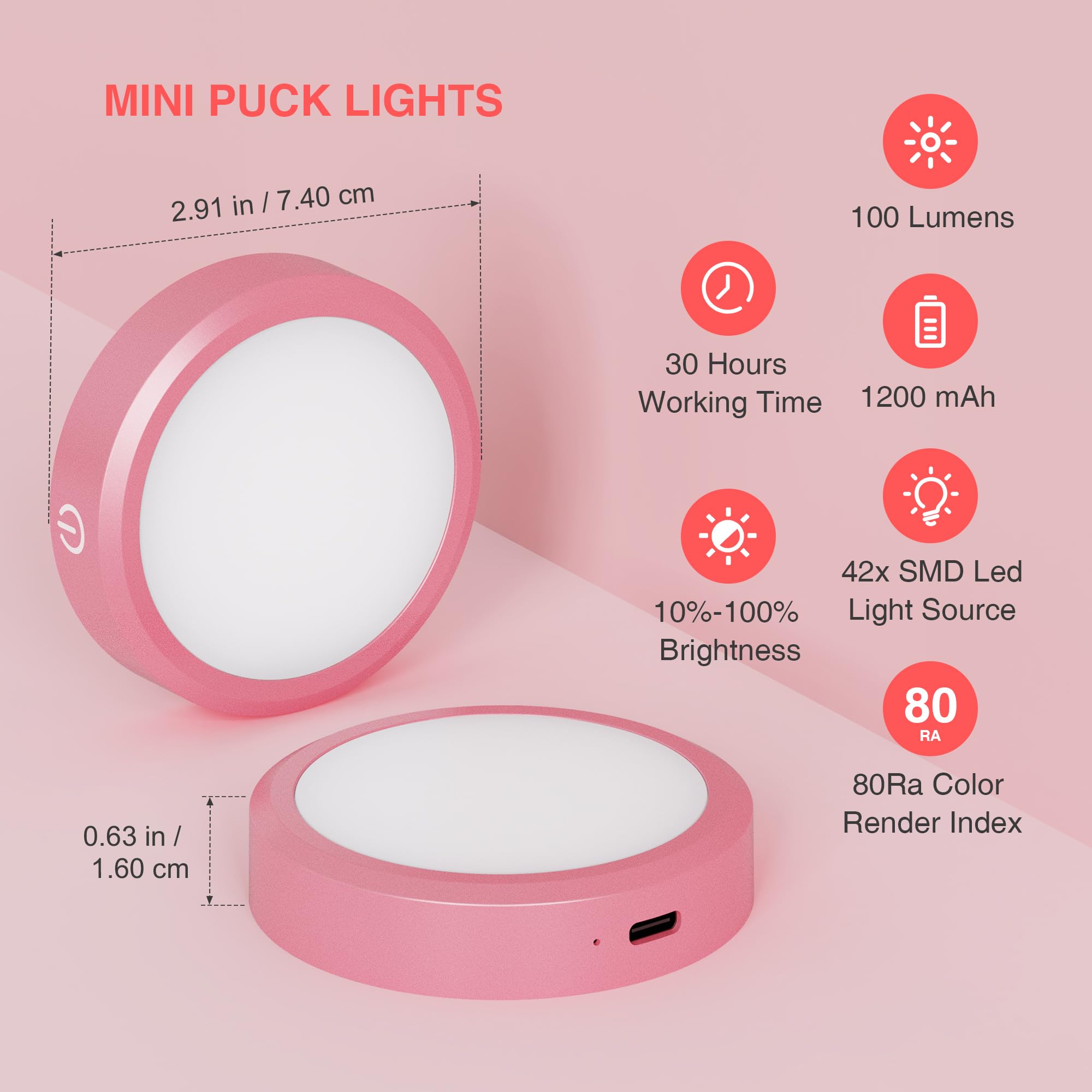 MICLIONLED Rechargeable Puck Lights, LED Under Cabinet Light, Wireless, 3 Color Temperatures, 2 Pack, Pink, Model M3-GB17