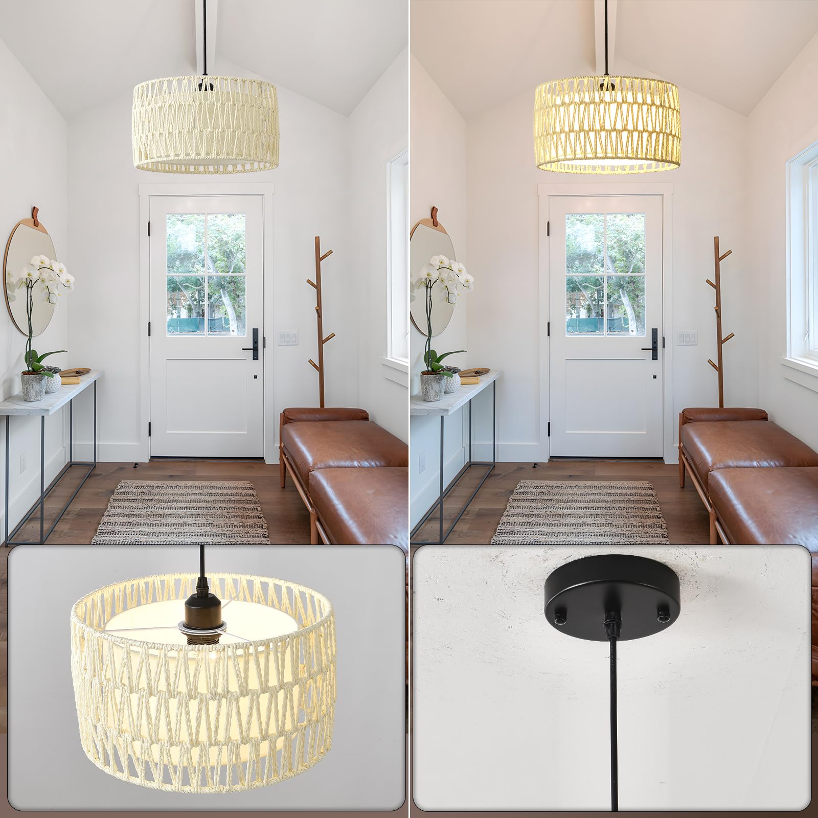 Jtyp Boho Rattan Chandelier Light Fixture, 1-Lights Farmhouse Pendant Light Hand Woven Chandeliers For Dining Room With Fabric S