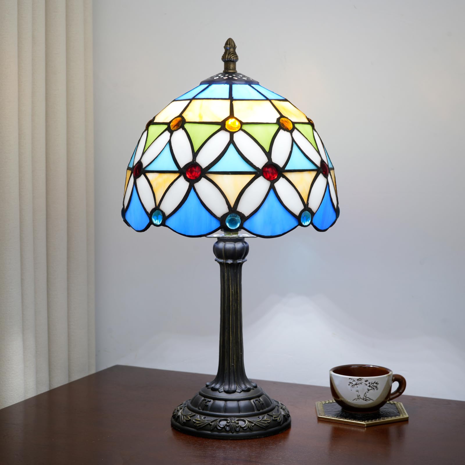 TIFLRIS Small Tiffany Lamp Stained Glass Table Lamp, 8 Inch Vintage Colorful Floral Geometric Pattern with Red Blue Gem Accents,