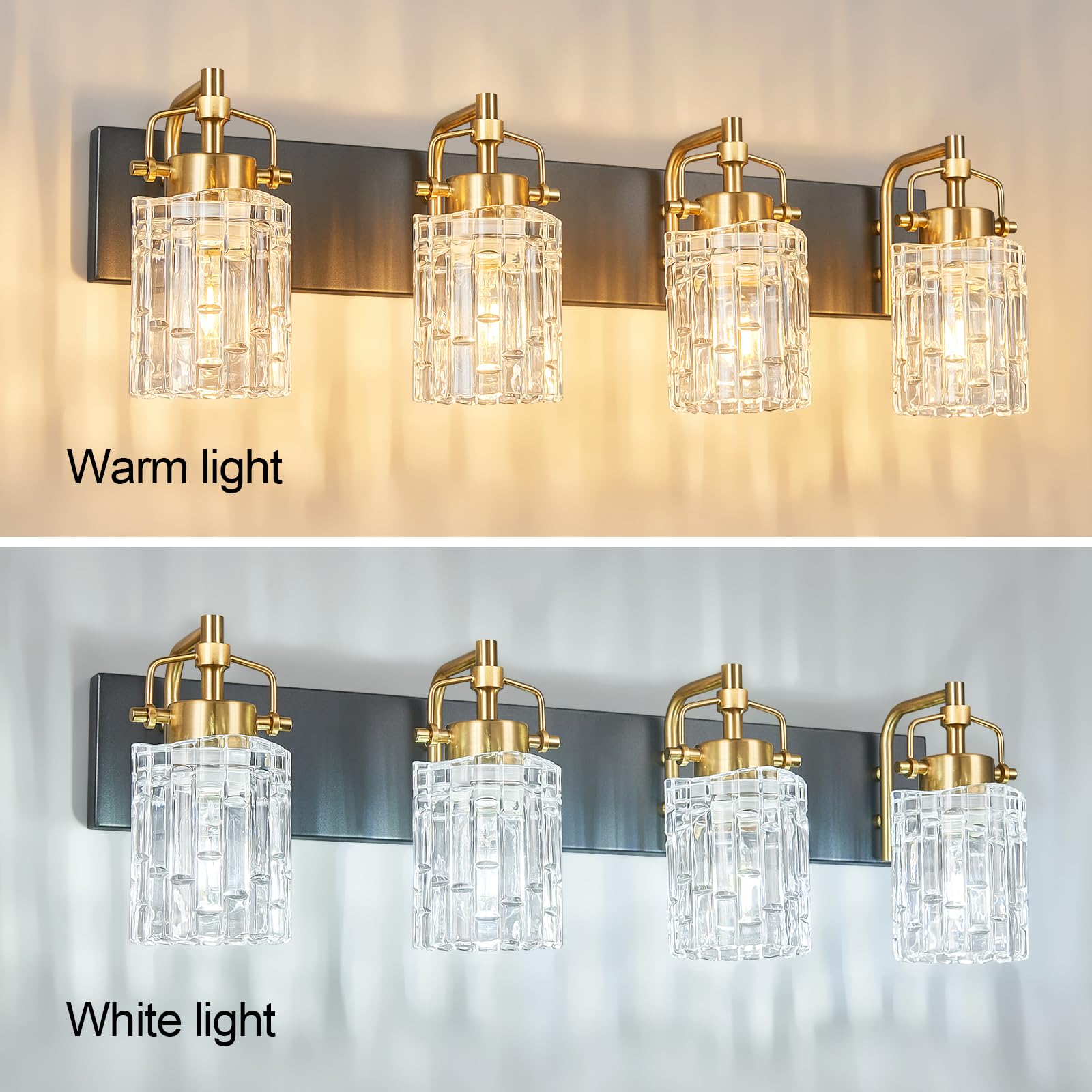 BNHHLZ Bathroom Vanity Light 4-Light Modern Black Gold Metal Fixture with Crystal Glass Shade Model 4132