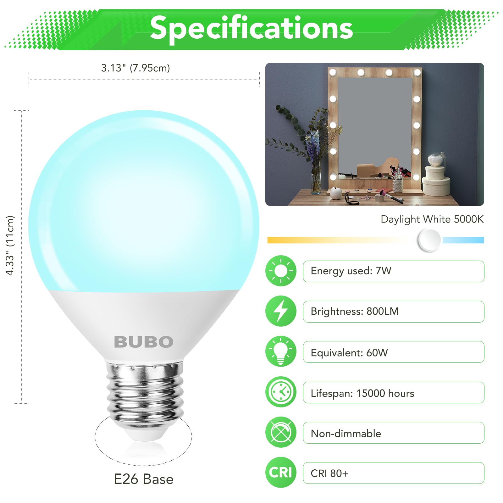Bubo Vanity Light Bulbs 60 Watt Equivalent, Bathroom Light Bulbs Daylight White 5000K, G25 Globe Round Bulb 800 Lumens, E26 Medi