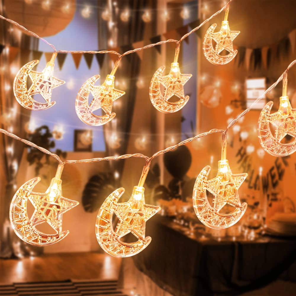 AceList 40 LED Moon & Stars String Lights, Battery/USB Powered, 20ft, Plastic, Holiday Decor for Ramadan, Eid, Valentines Day