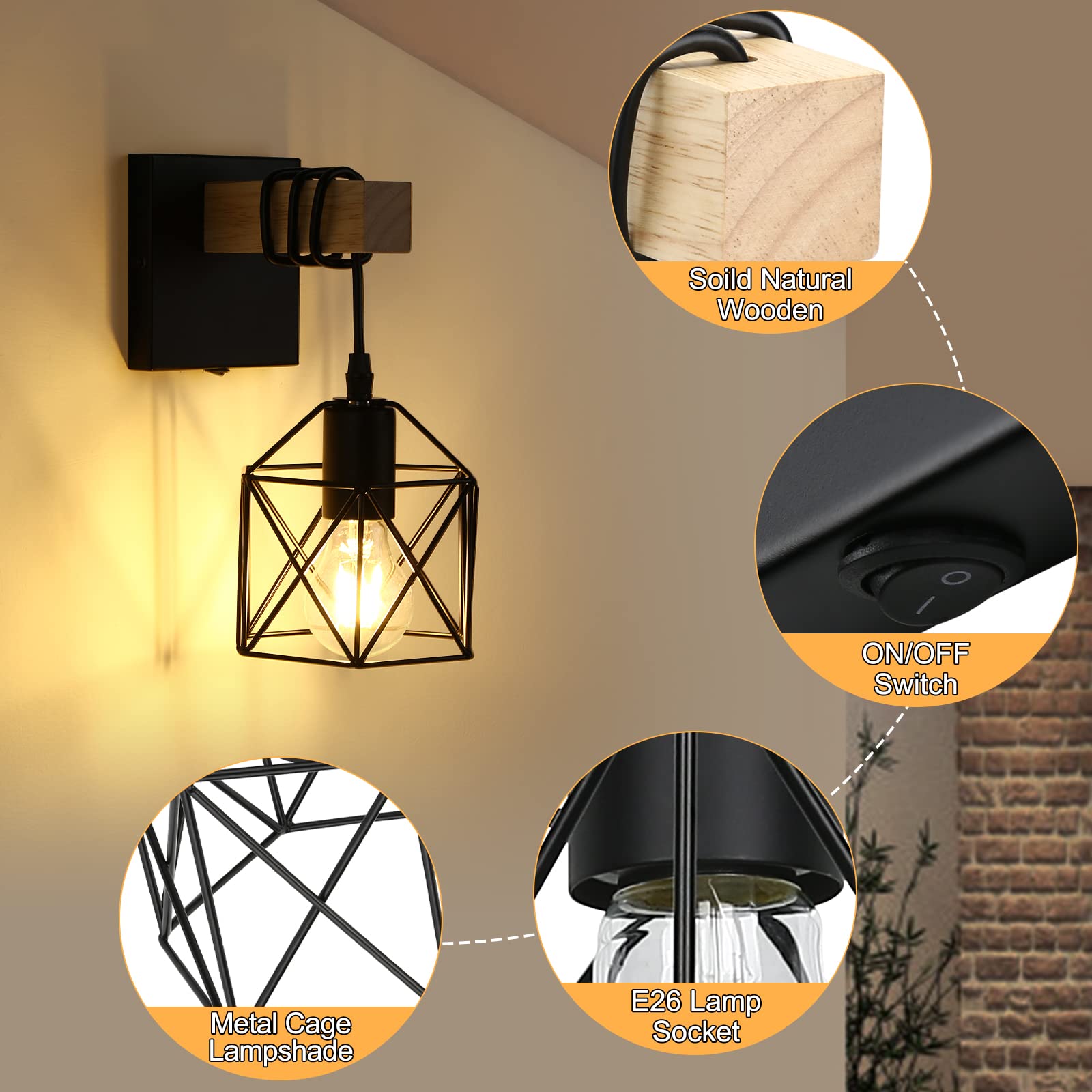 Lightess Black Wall Sconce Pack of 2, Dimmable Metal Cage Fixture, Model LG9939389
