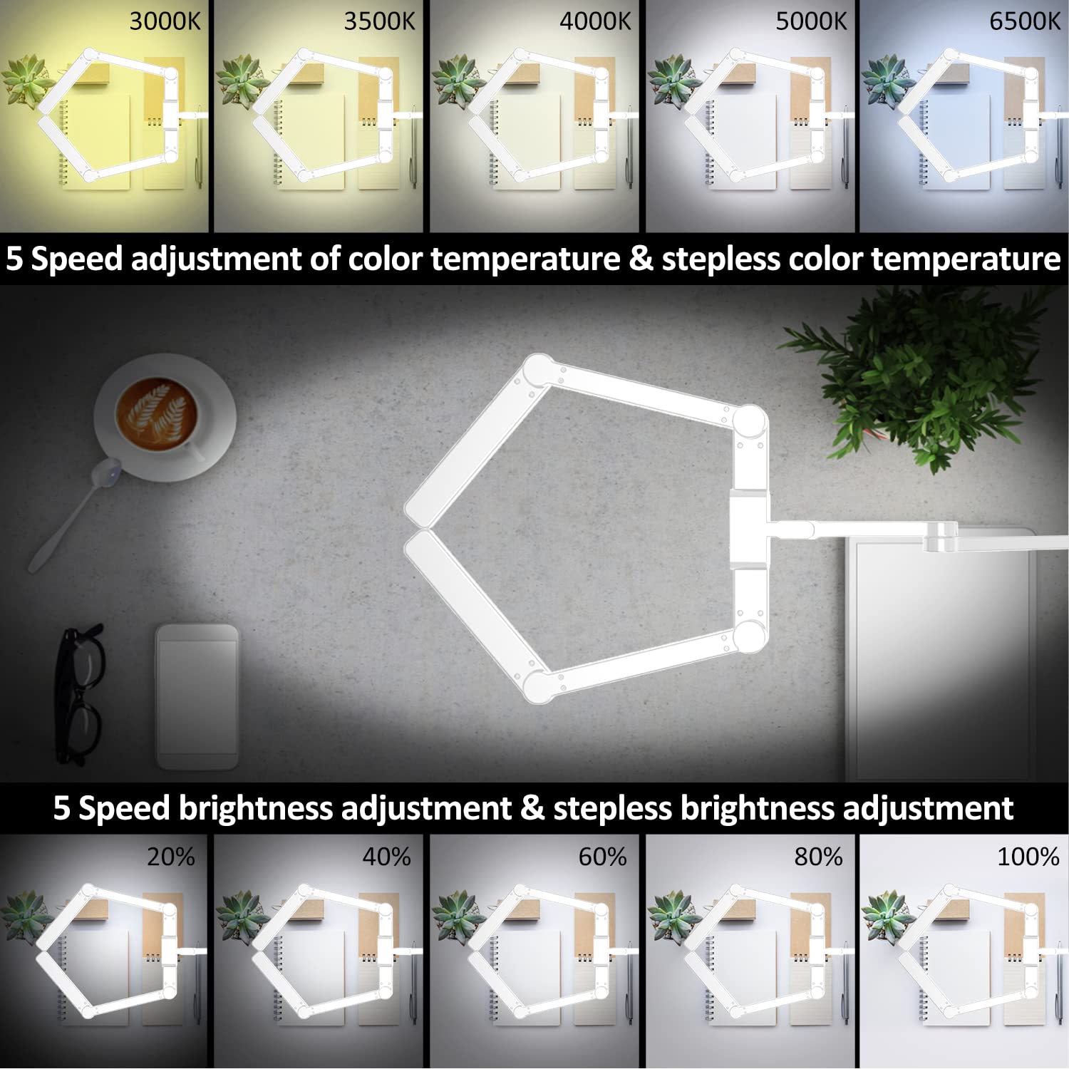 Epabina Led Desk Lamp For Home Office, 41.5'' White Clip On Architect Desk Lamp With Clamp, 24W Adjustable Dimmable Bright Swing