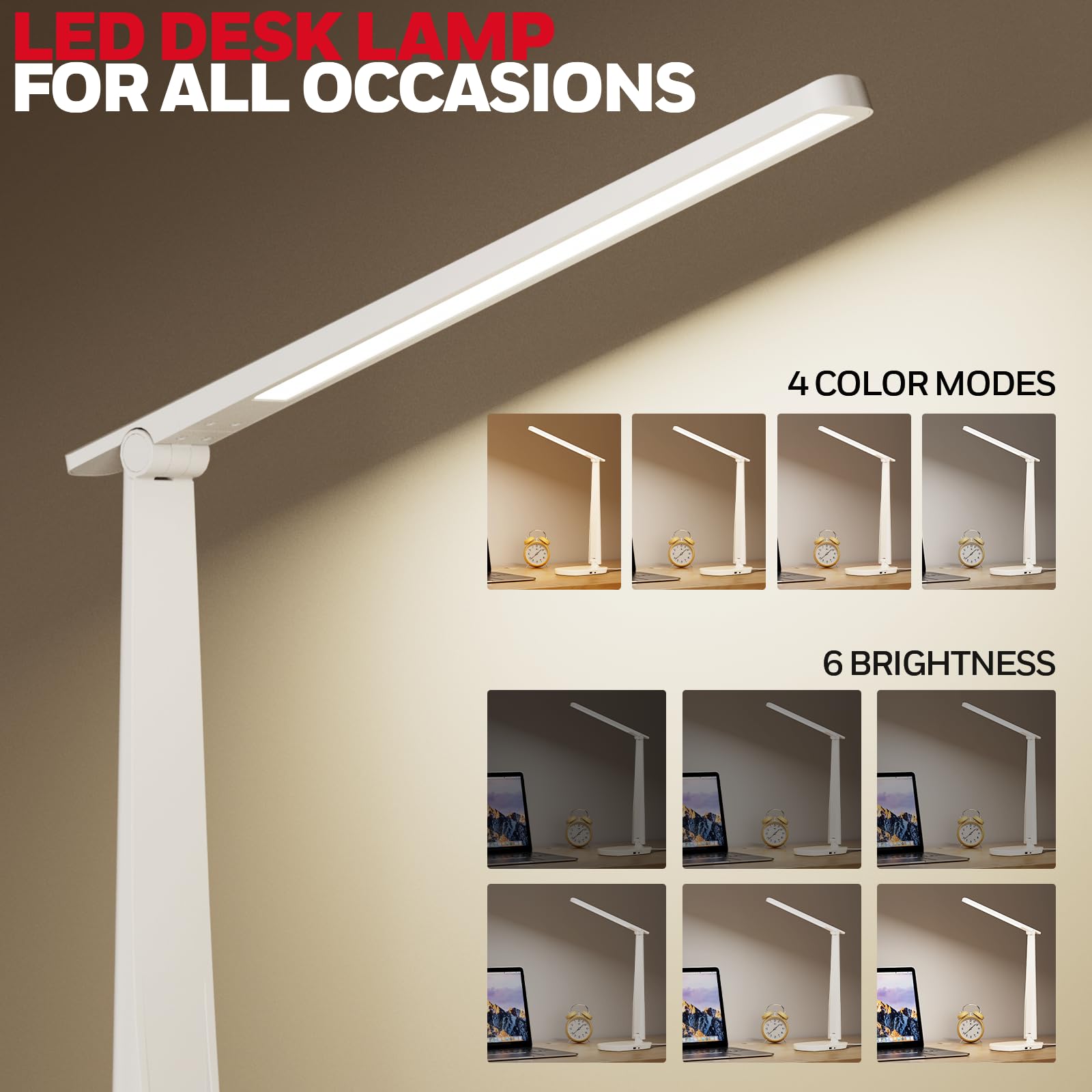 Honeywell LED Desk Lamp - Eye-Caring Light, 4 Color Modes, Touch Control, USB A+C Ports, Adjustable Head, White, Model: H2-1