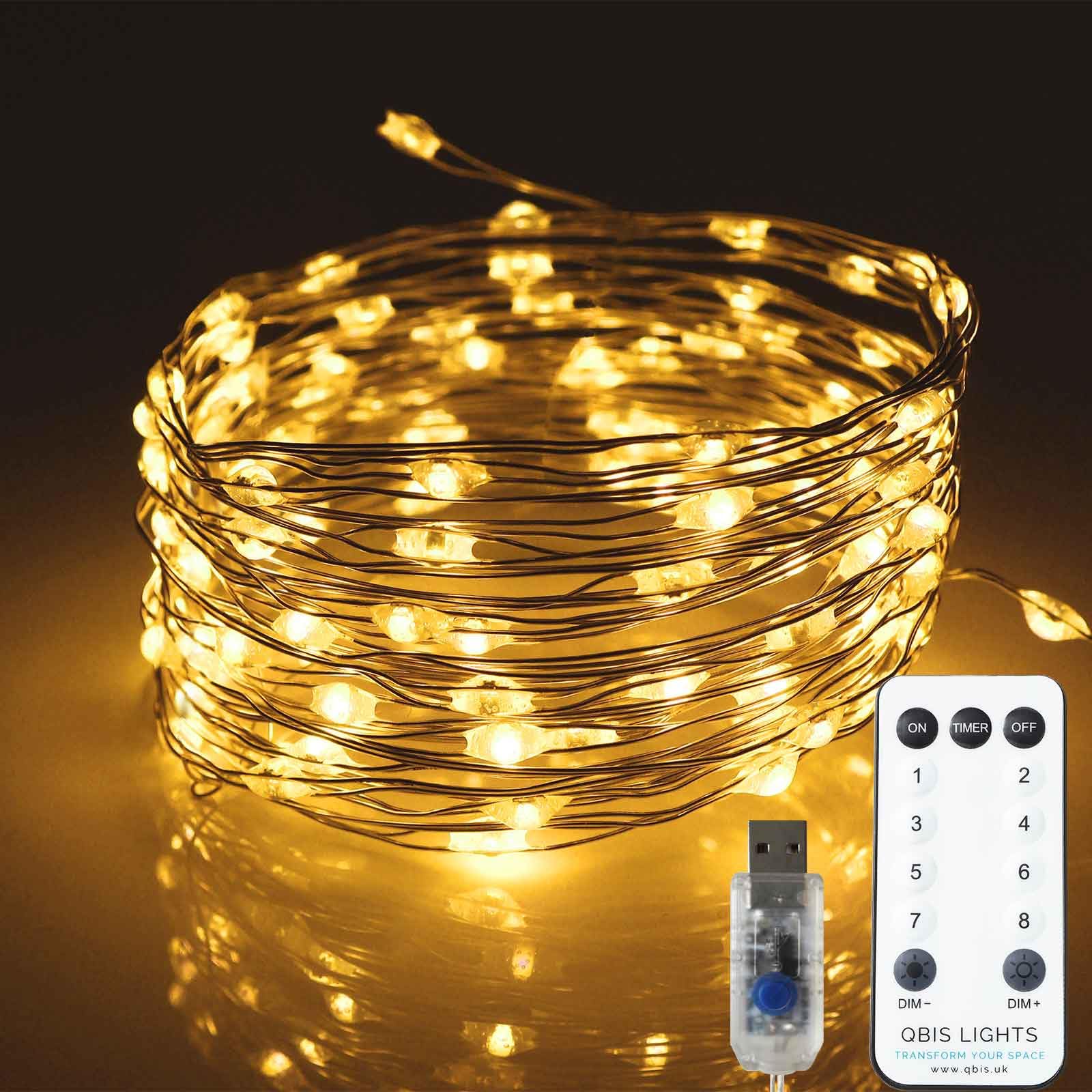 QBIS USB Christmas Lights, 100 Warm White LEDs, 16.5ft USB Fairy Lights with Remote, 8 Modes, Timer, 13ft Lead Wire, Indoor/Outd