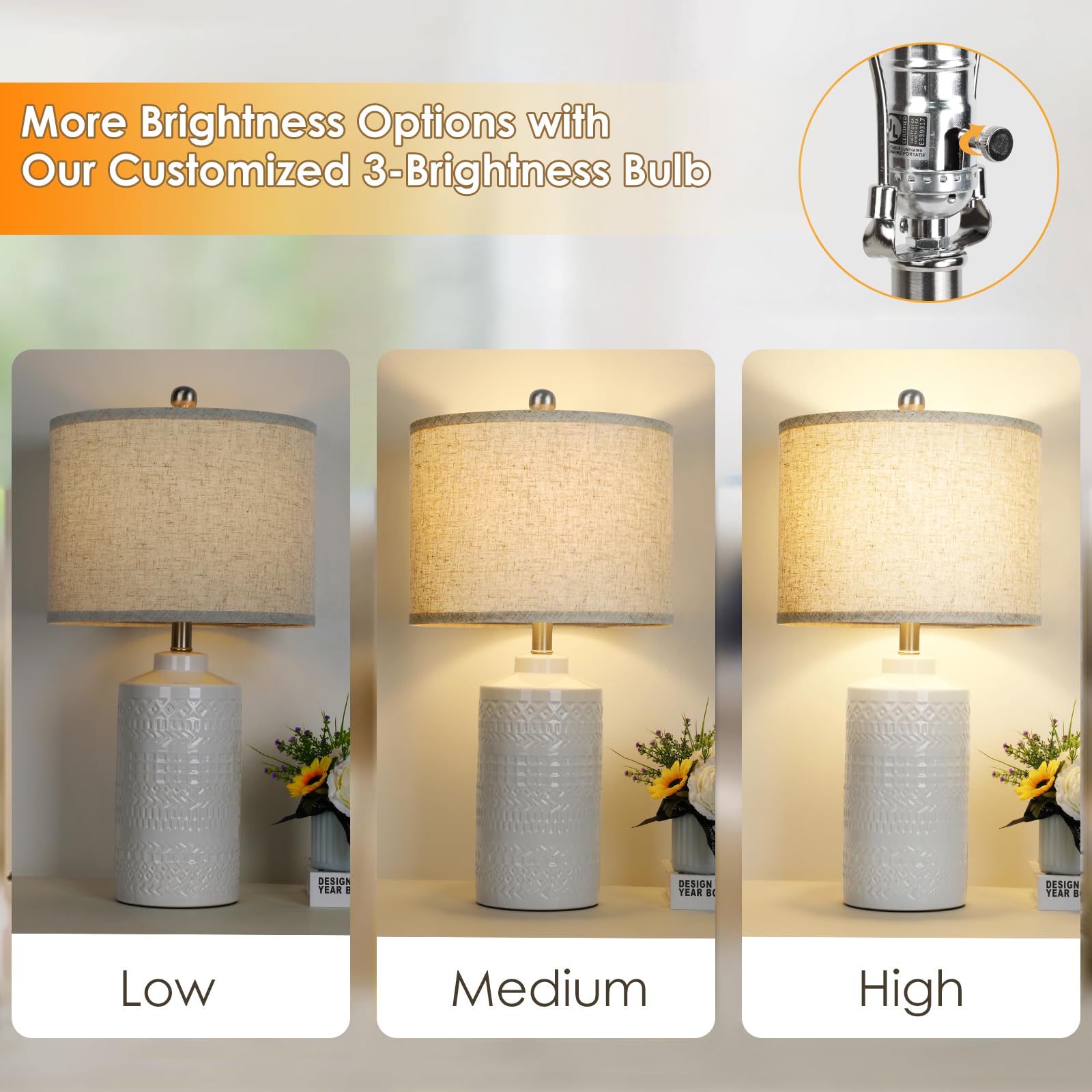 JUNNAI White Ceramic Table Lamp - 3-Way Dimmable, 24.5" Beige Shade for Living Room, Bedroom, Office