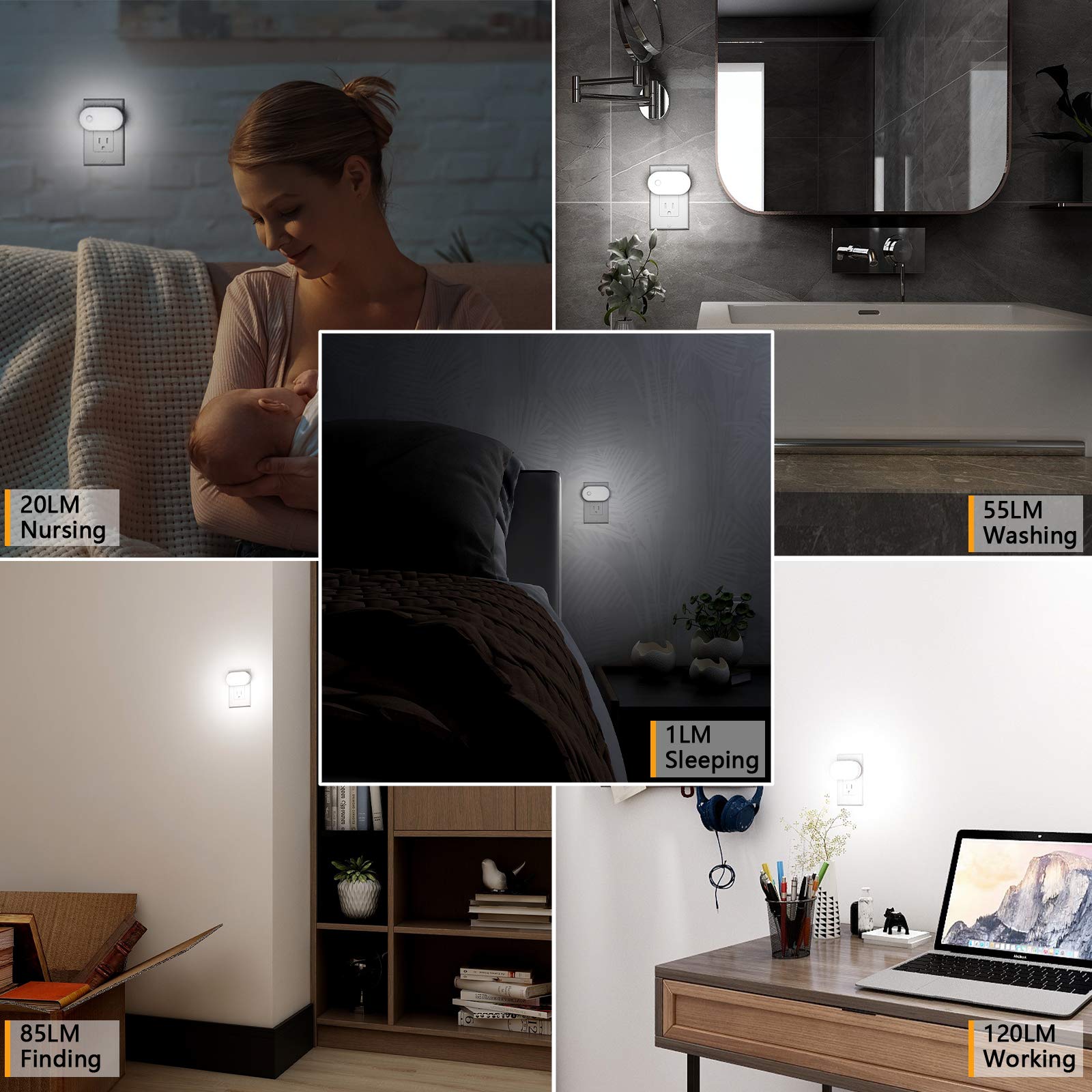 Lyridz Plug-in Night Light, Dimmable LED Motion Sensor, Cold White, 6 Pack, Model A5117, Ideal for Bedroom, Kitchen, Stairs, Hallway