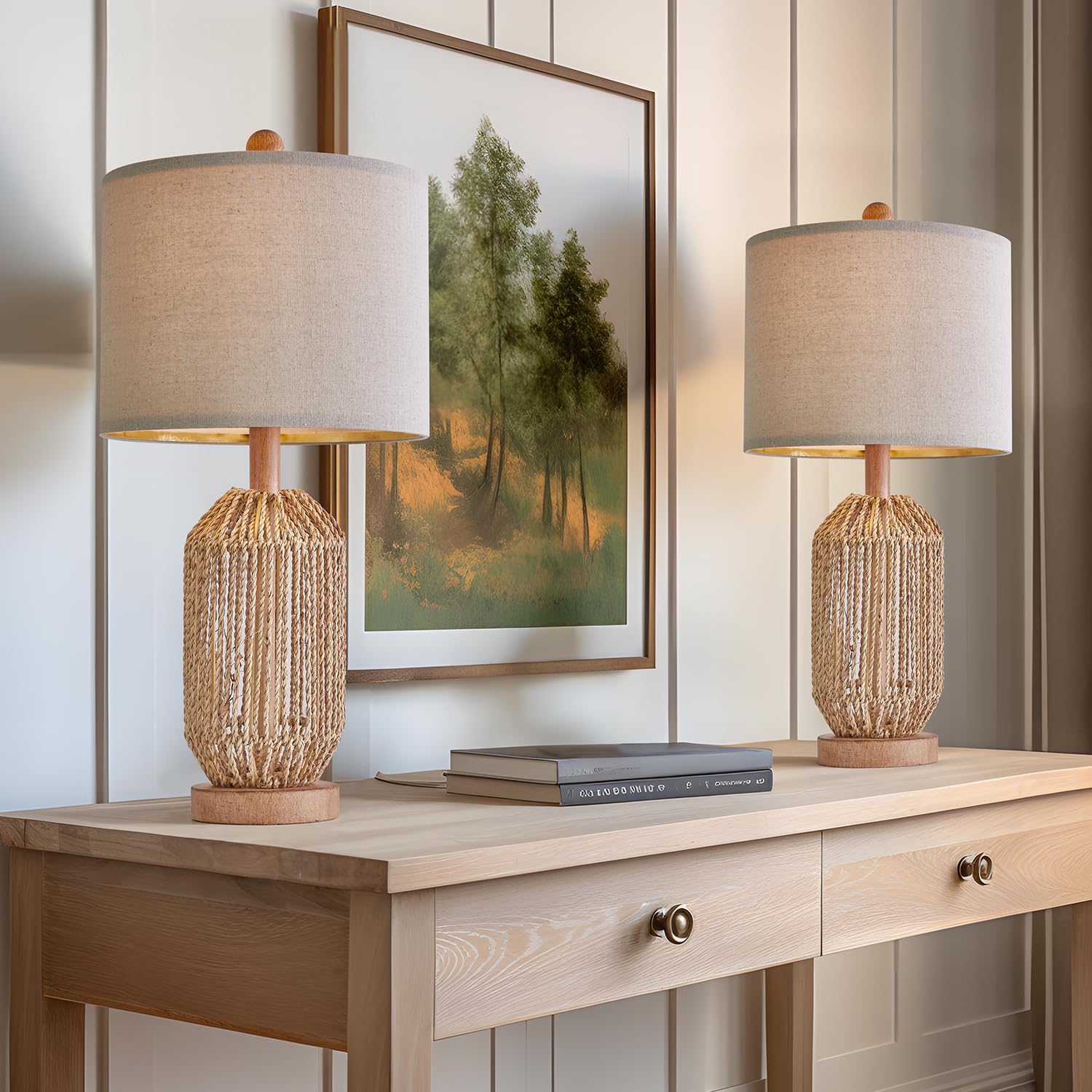 OYEARS Boho Table Lamps Set of 2, Rattan, Brown, Model AMZ-T1137BR, Ideal for Living Room and Bedroom Decor