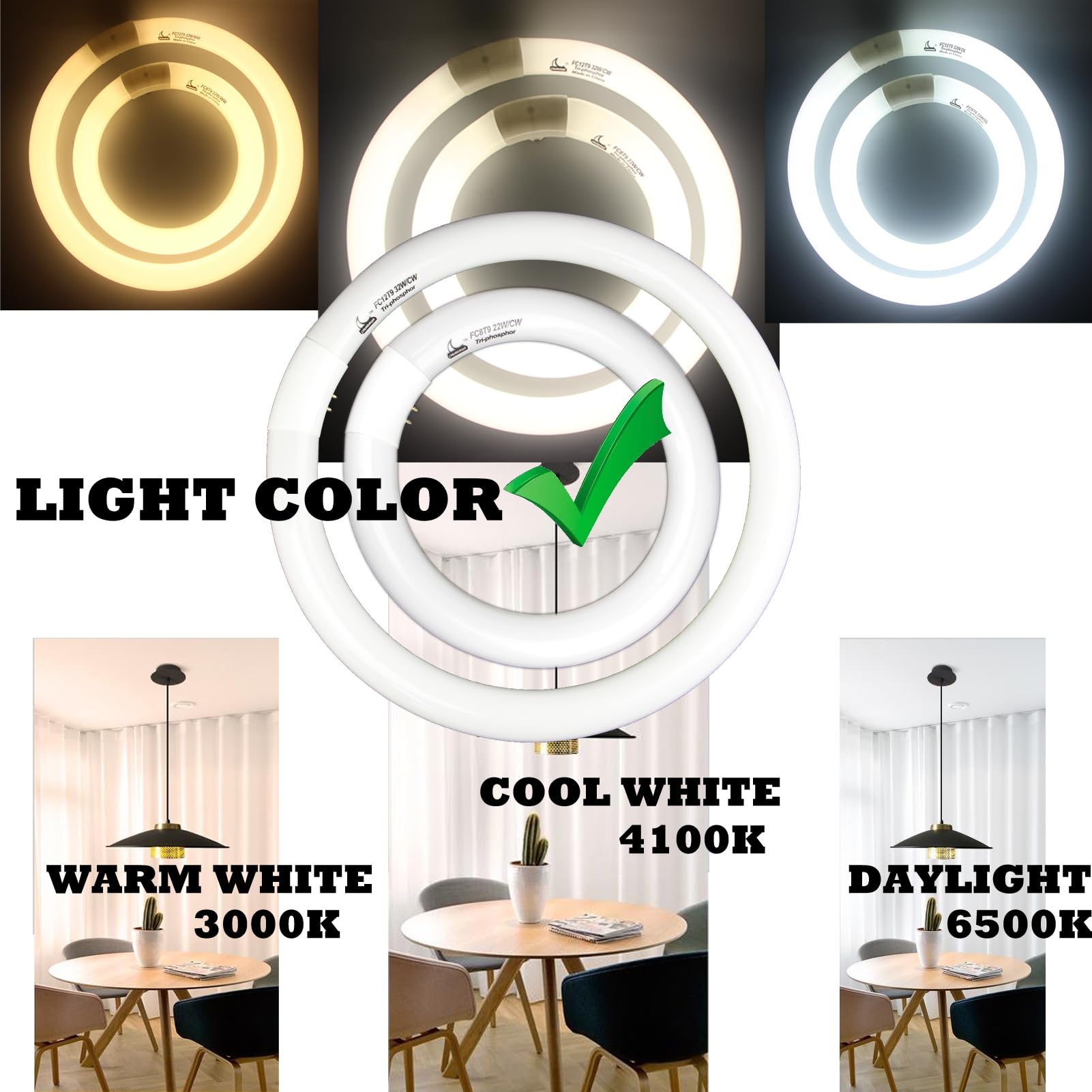 Fc8T9/Cw 22W And Fc12T9/Cw 32W Cool White Round Fluorescent Light Bulb Set, 8 Inch T9 22 Watts & 12 Inch 32 Watts Circular Bulbs