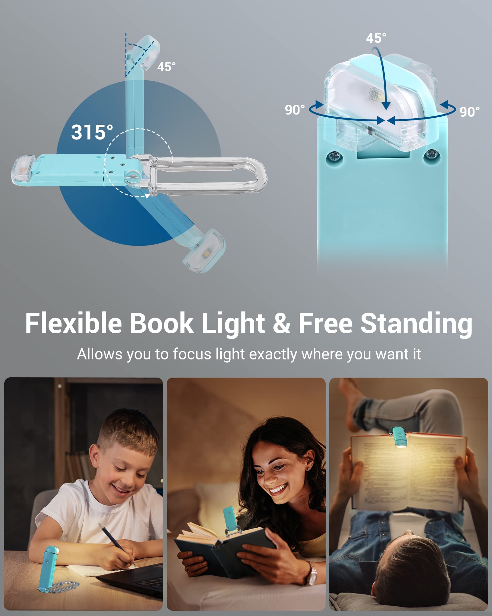 DEWENWILS USB Rechargeable Book Light, LED Clip Light, Brightness Adjustable, Warm White, Blue, Model CHBRL01B
