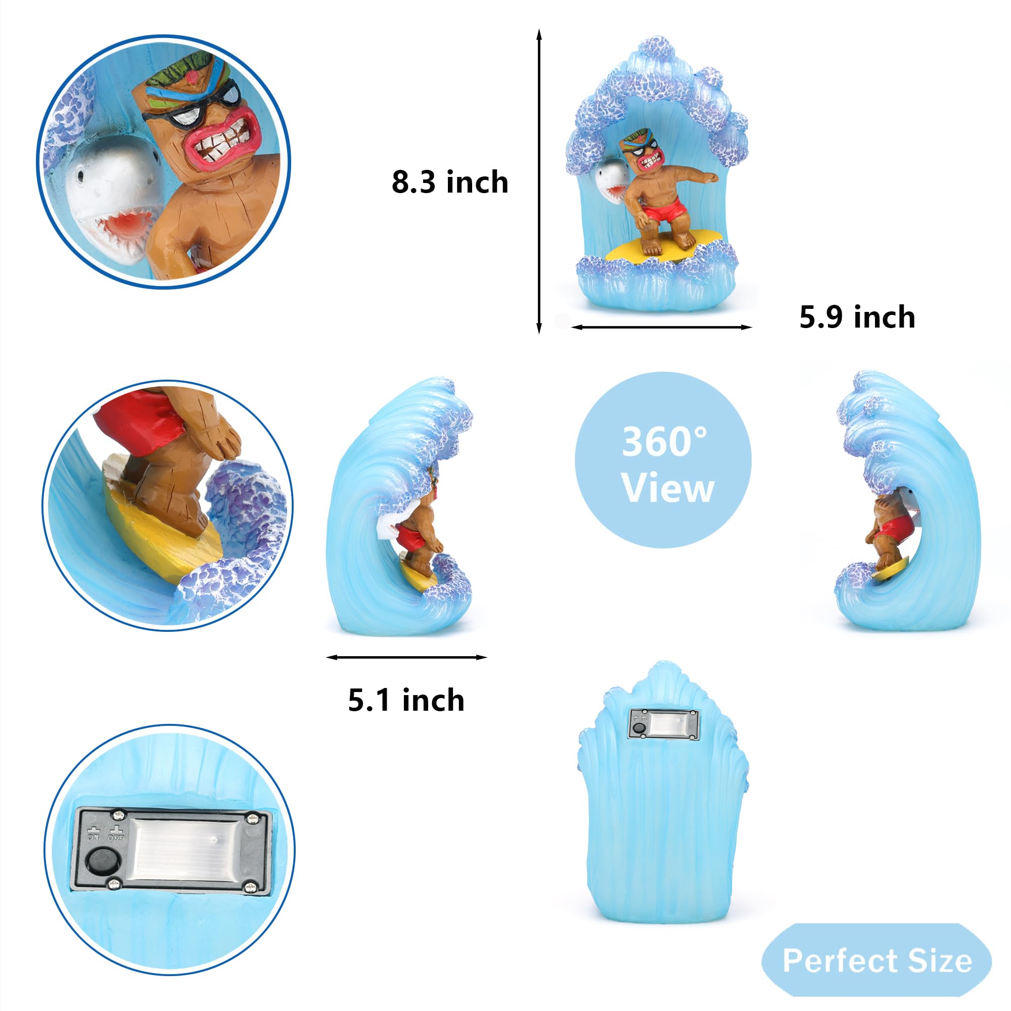 EPTUEGA Solar Tiki Statue Decor-Garden Statue Outdoor Ornaments - Tiki Man Surfing Waterproof Decoration Figurine for Tiki Bar,P