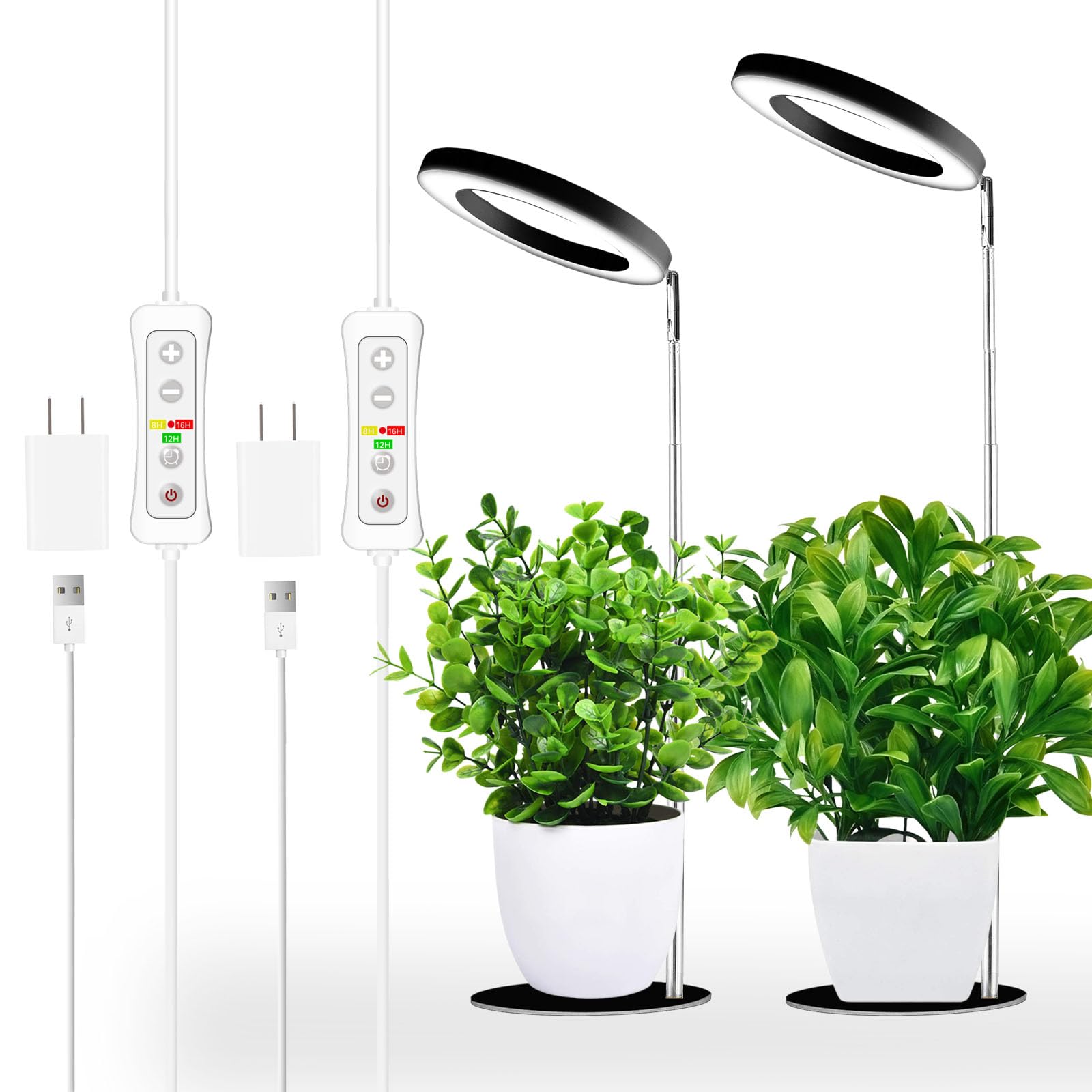 yadoker Plant Grow Light, LED Desk Grow Light, Adjustable Height, 8/12/16h Timer, 10-Level Brightness, 2 Pack, Black, Model GLB16-B