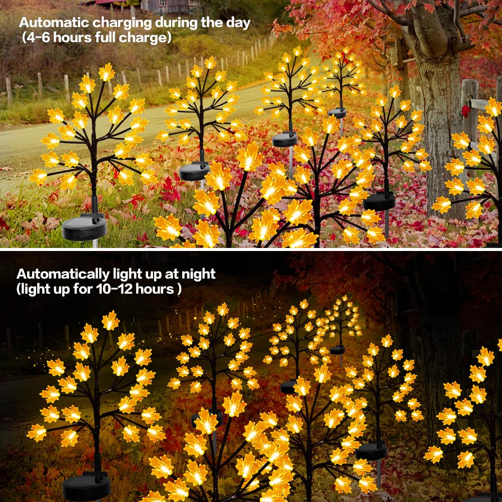 Solar Fall Lights For Thanksgiving Day Decorations Outdoor,2Pack 40Led Artificial Maple Tree For Fall Party Gifts Décor Outside Lights,Solar Thanksgiving Path Lights For Home Fall Autumn Decor Orange