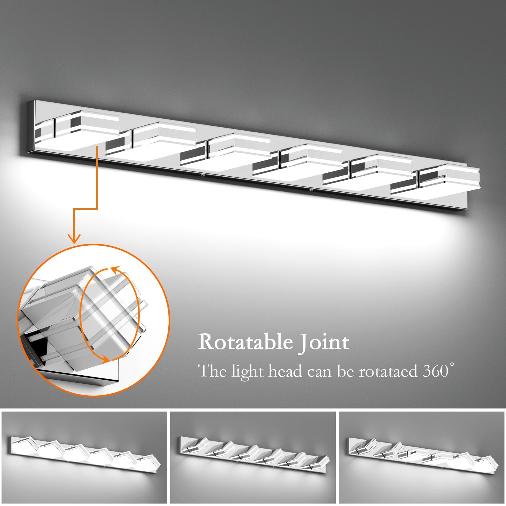 Ralbay Chrome Bathroom Vanity Light Fixtures 48Inch 6-Light Acrylic Chrome Modern Led Bathroom Wall Vanity Lighting Fixtures Ove