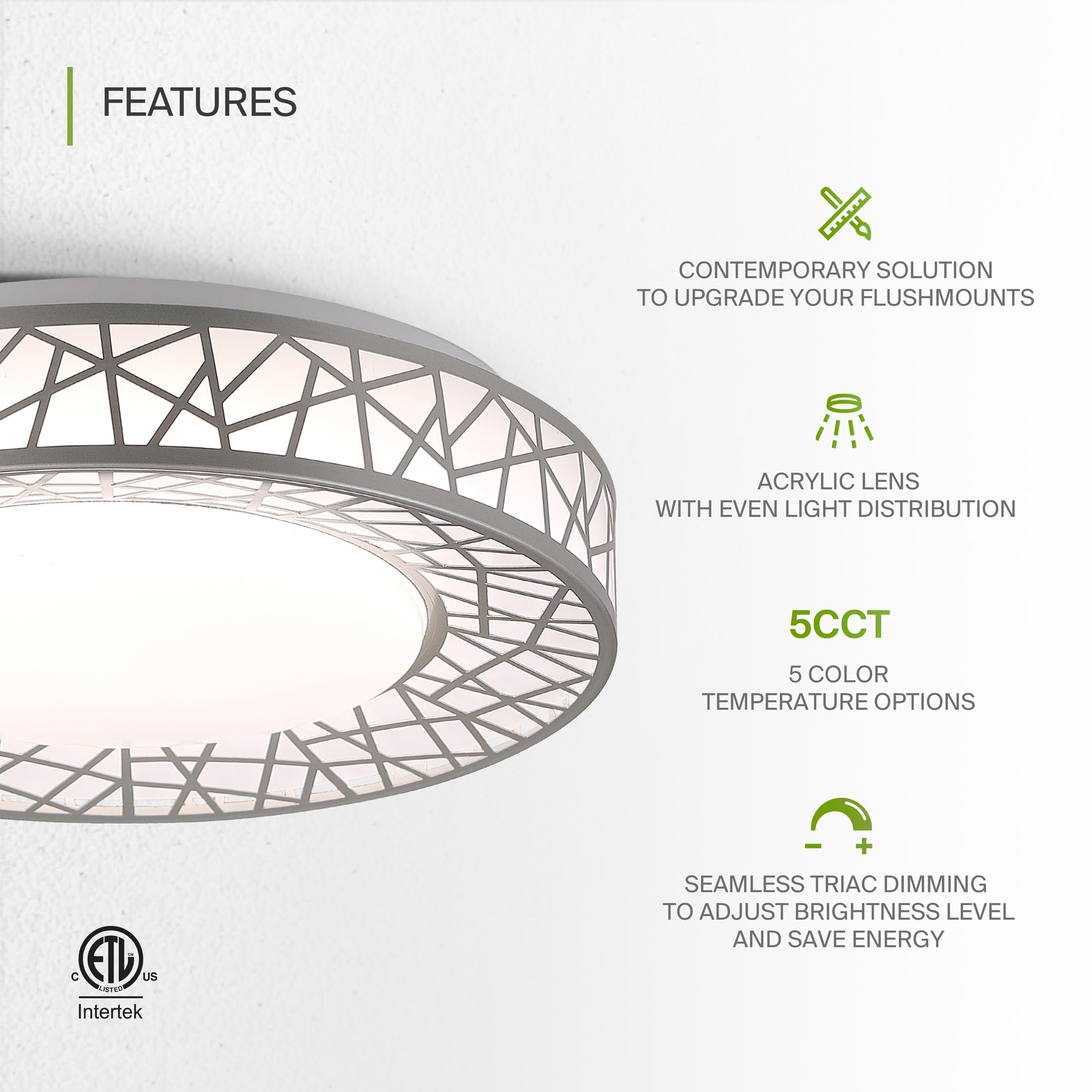 ASD 12 Inch LED Flush Mount Ceiling Light - Brushed Nickel, 20W, Dimmable, Iron Housing, Model A-LOFT-FM-12D20NK