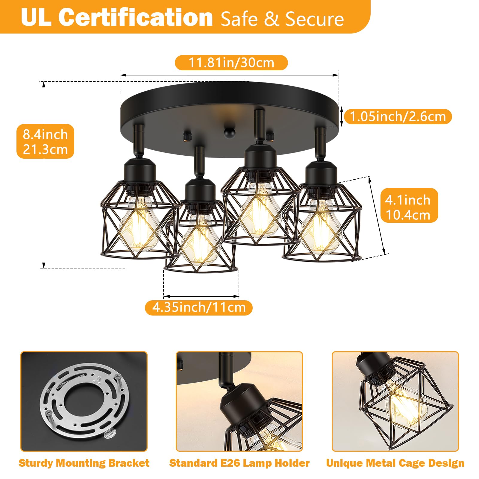 Baocuz 4-Light Kitchen Light Fixtures Ceiling Mount, Adjustable Multi-Directional Black Flush Mount Ceiling Light Fixture, Farmh