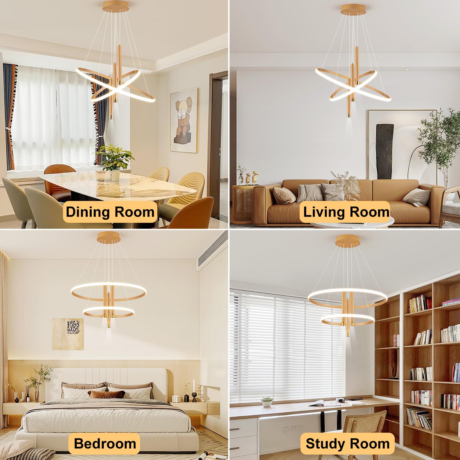 ORANOOR LED Gold Dimmable Chandelier, 24in, Aluminum, Model OR-7703G, 5250lm, 2 Ring Design for Dining Room and Living Room