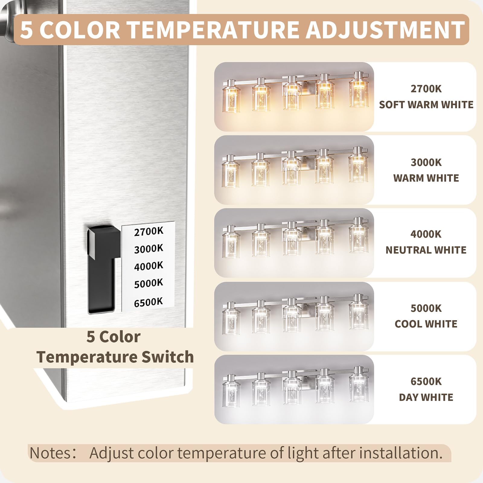Quntis 5-Light Bathroom Vanity Light Fixtures, Brushed Nickel, Dimmable with Glass Shade, Includes Bulbs, Model 5-Light