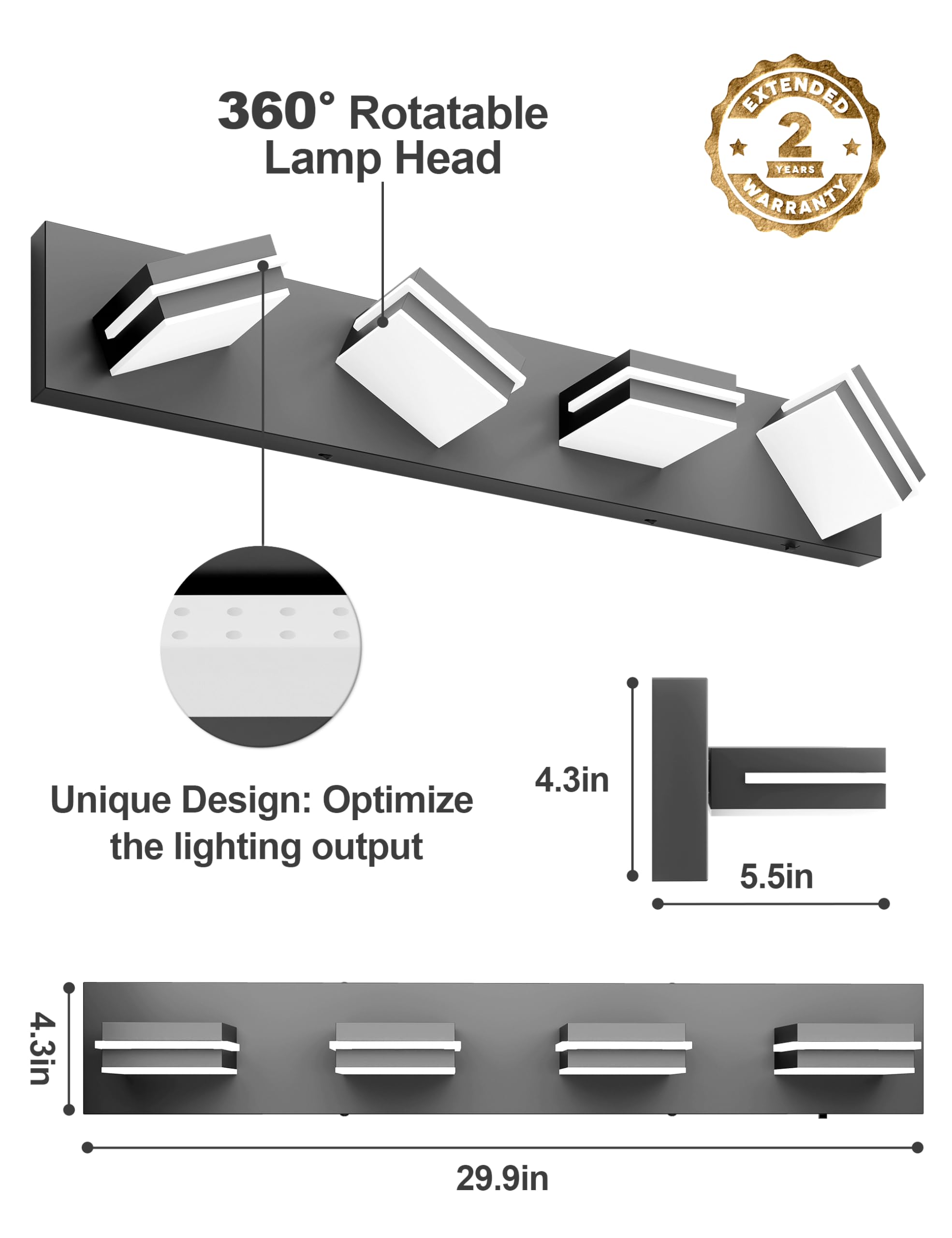 Volisun Modern 30-Inch Black Bathroom Vanity Light Fixtures, 4-Light, Cool White Led, Wall Mount, Touch Control